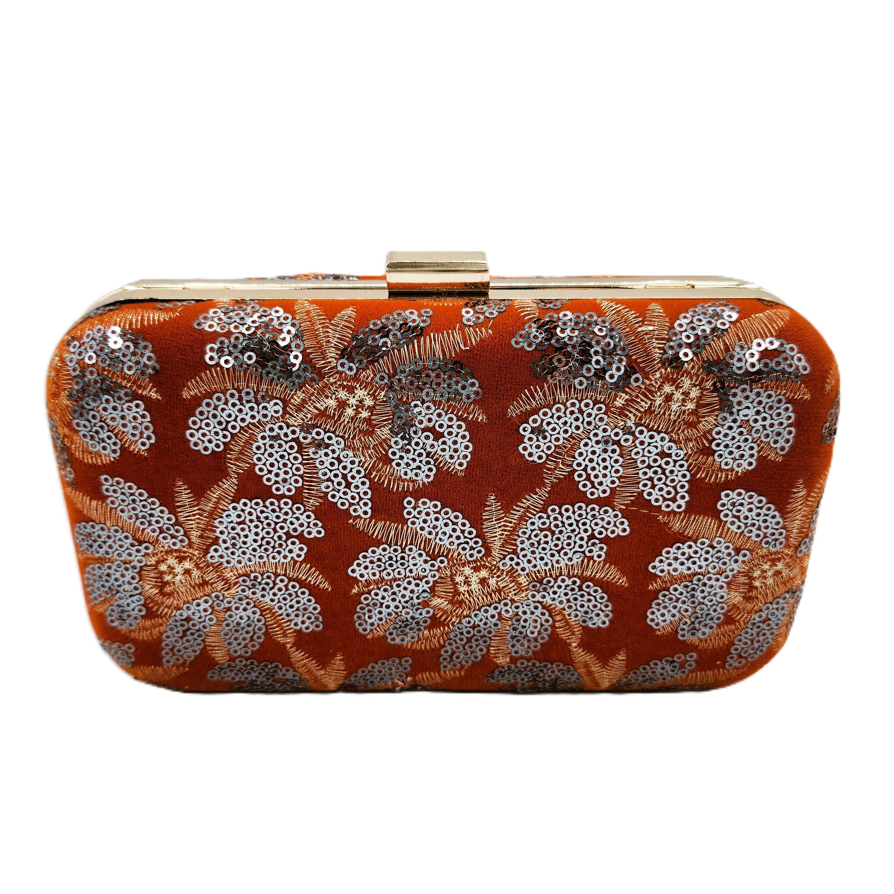 Orange sequin-embroidered clutch bag, velvet cover, detail