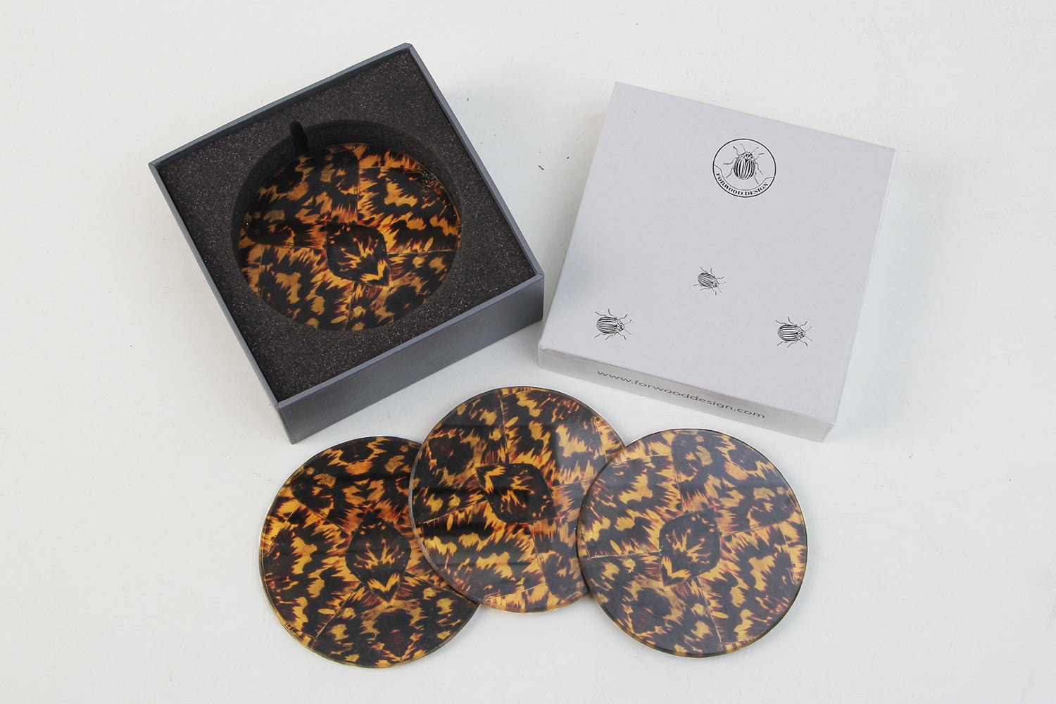 Set of 4 tortoise shell print glass coasters by Forwood Design, 10 x 10 cm, styled