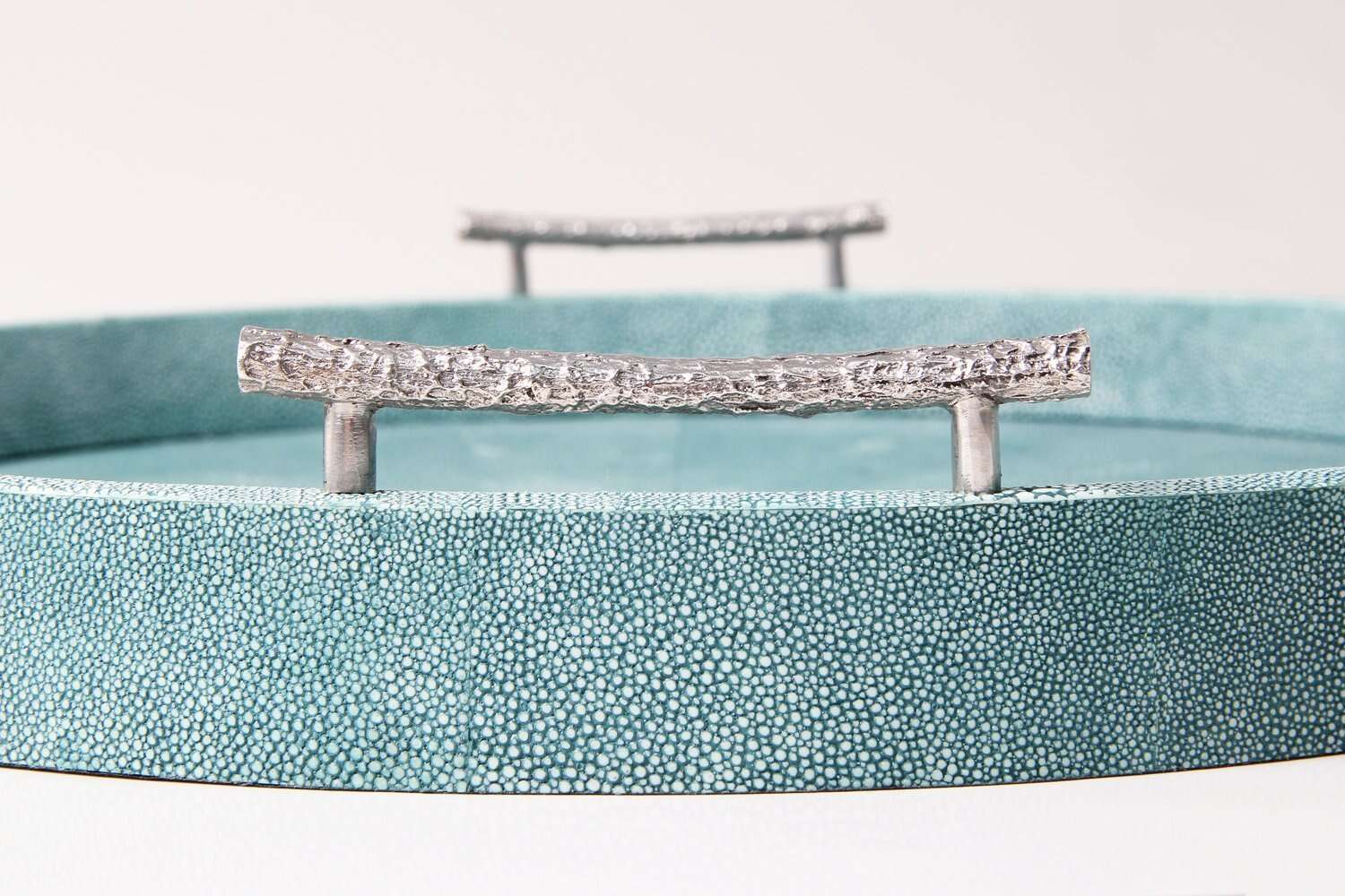 Teal faux shagreen oval serving tray by Forwood Design, large size, styled view
