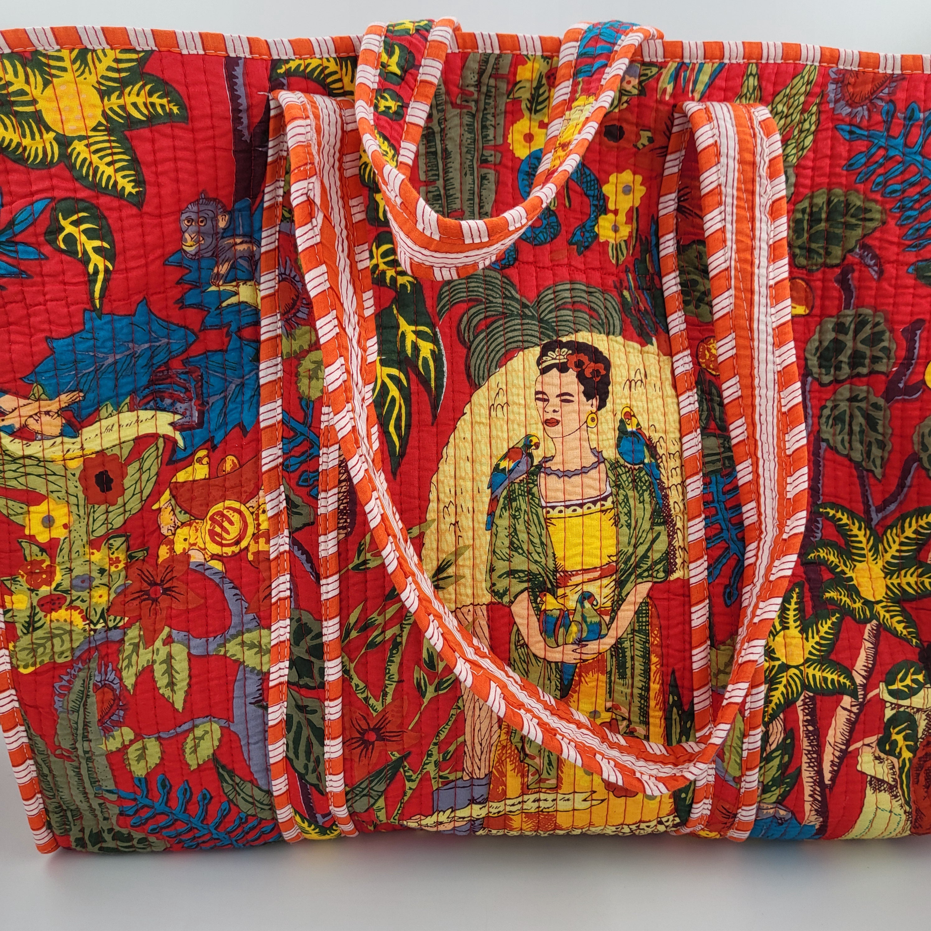 Red Frida block-print quilted shopper bag with an interior pocket