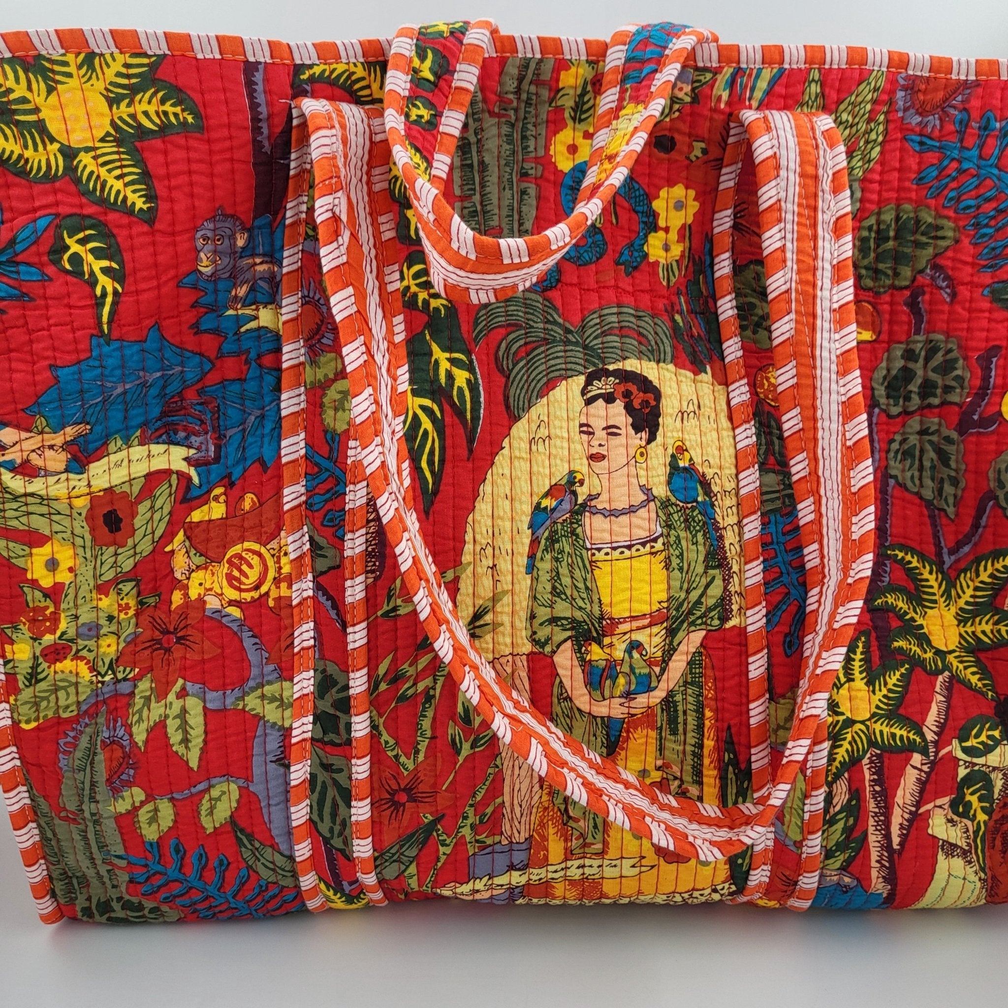 Red Frida block-print quilted shopper bag with an interior pocket
