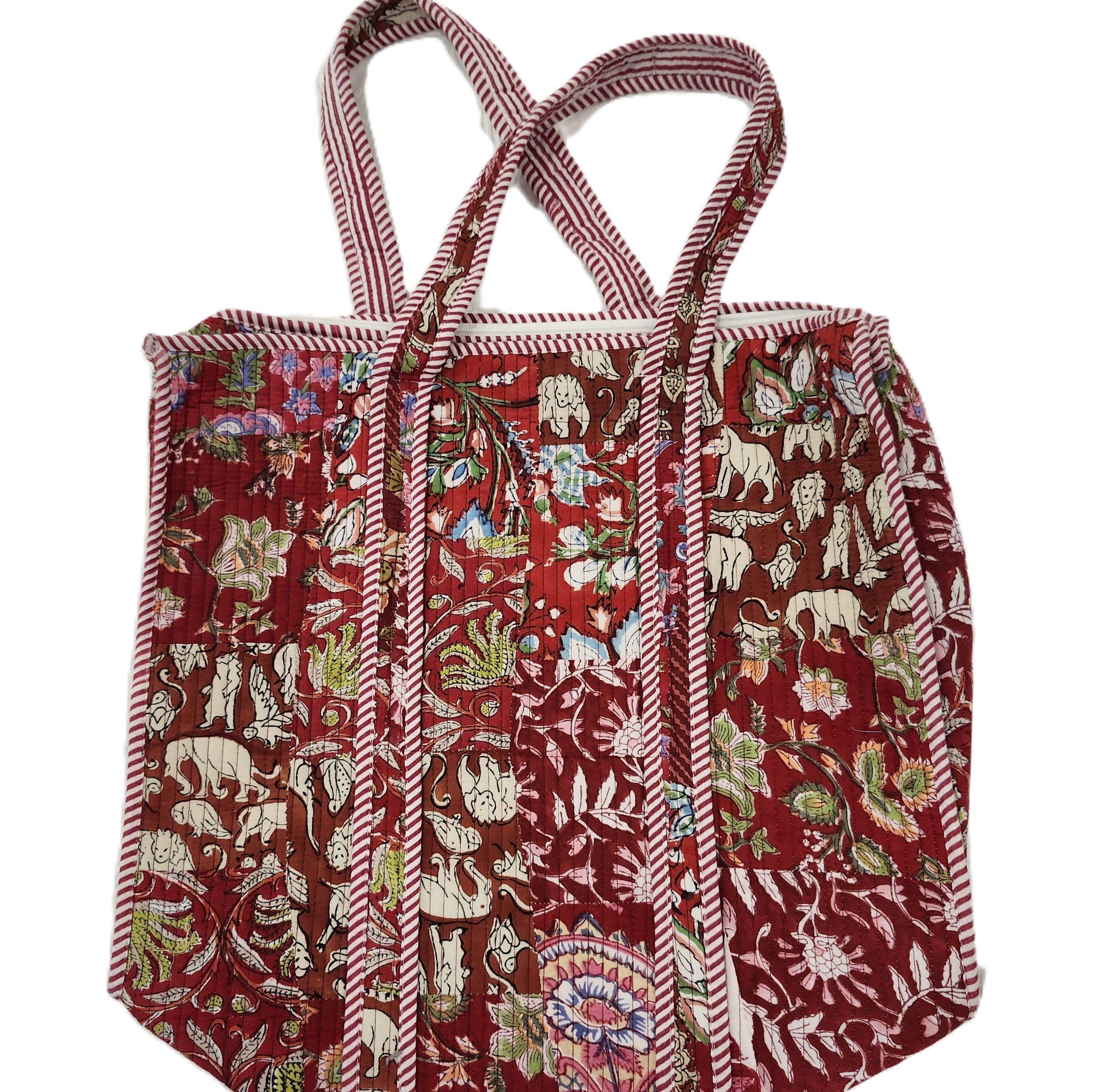 Patchwork block-print shopper bag in red