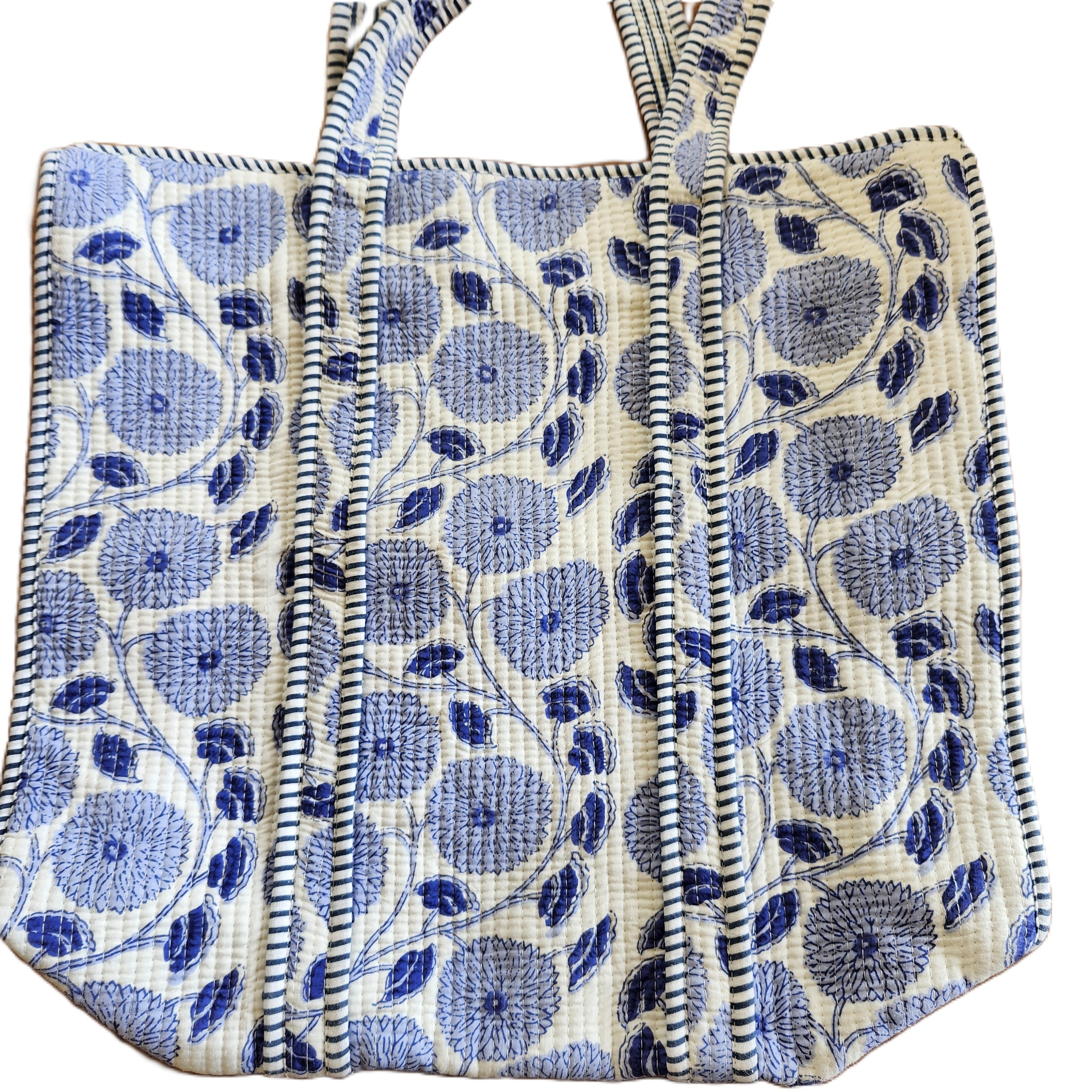 Poppy block-print shopper bag in blue and white