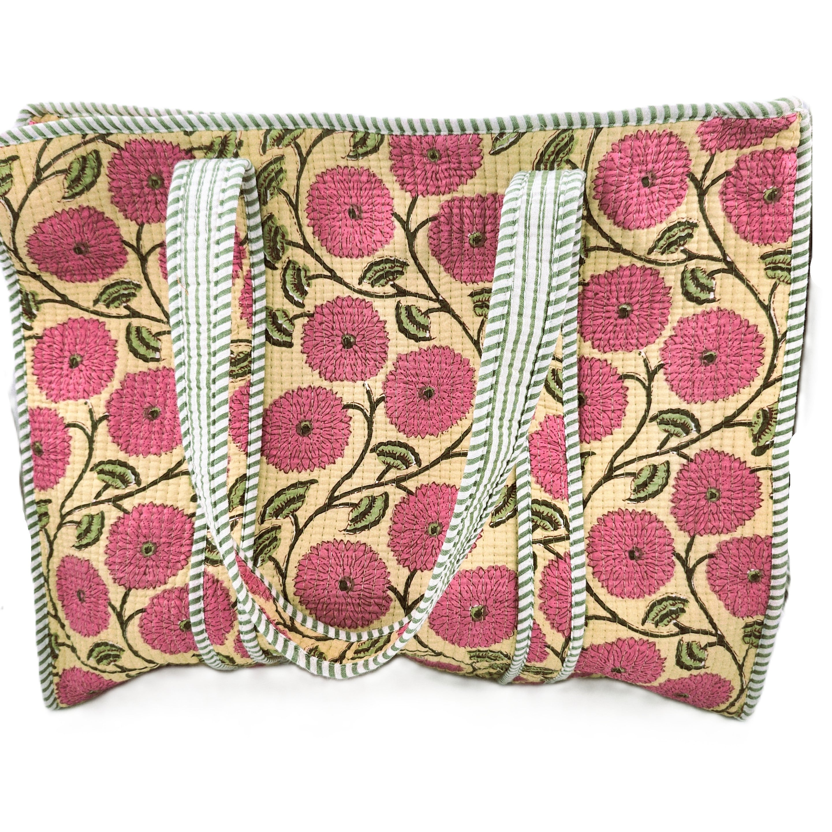 Poppy block-print shopper bag in pink and yellow