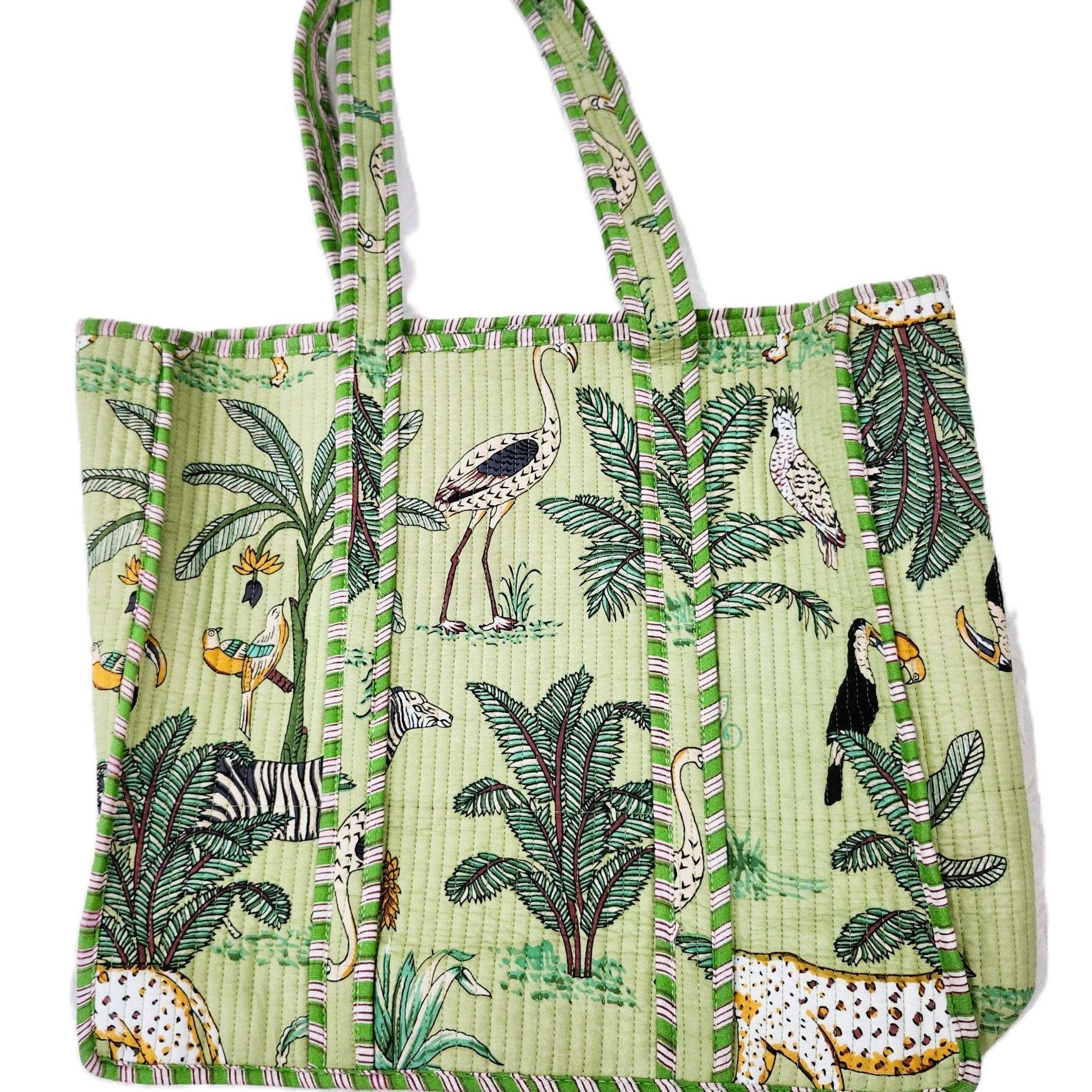 Safari block-print shopper bag in pistachio