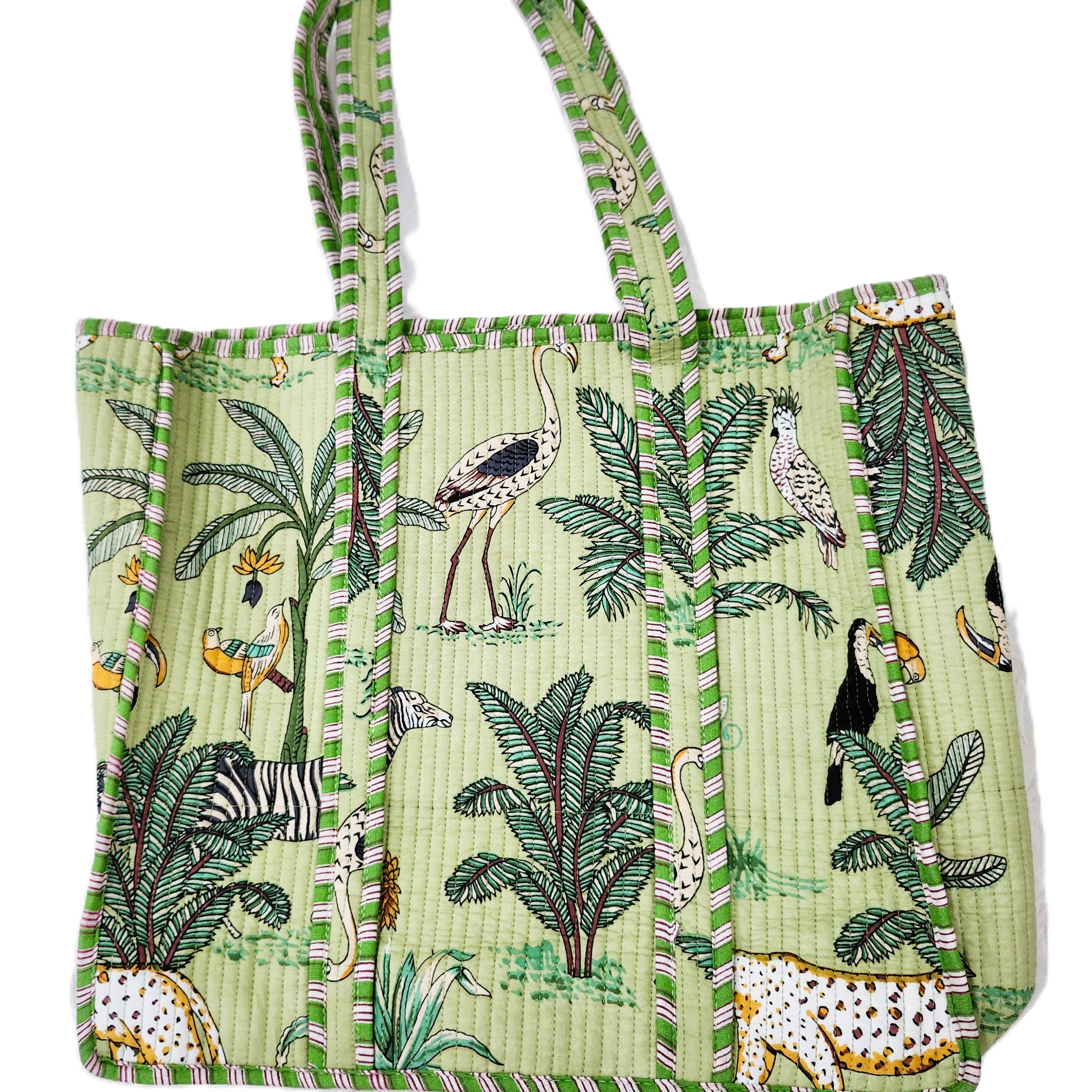Safari block-print shopper bag in pistachio
