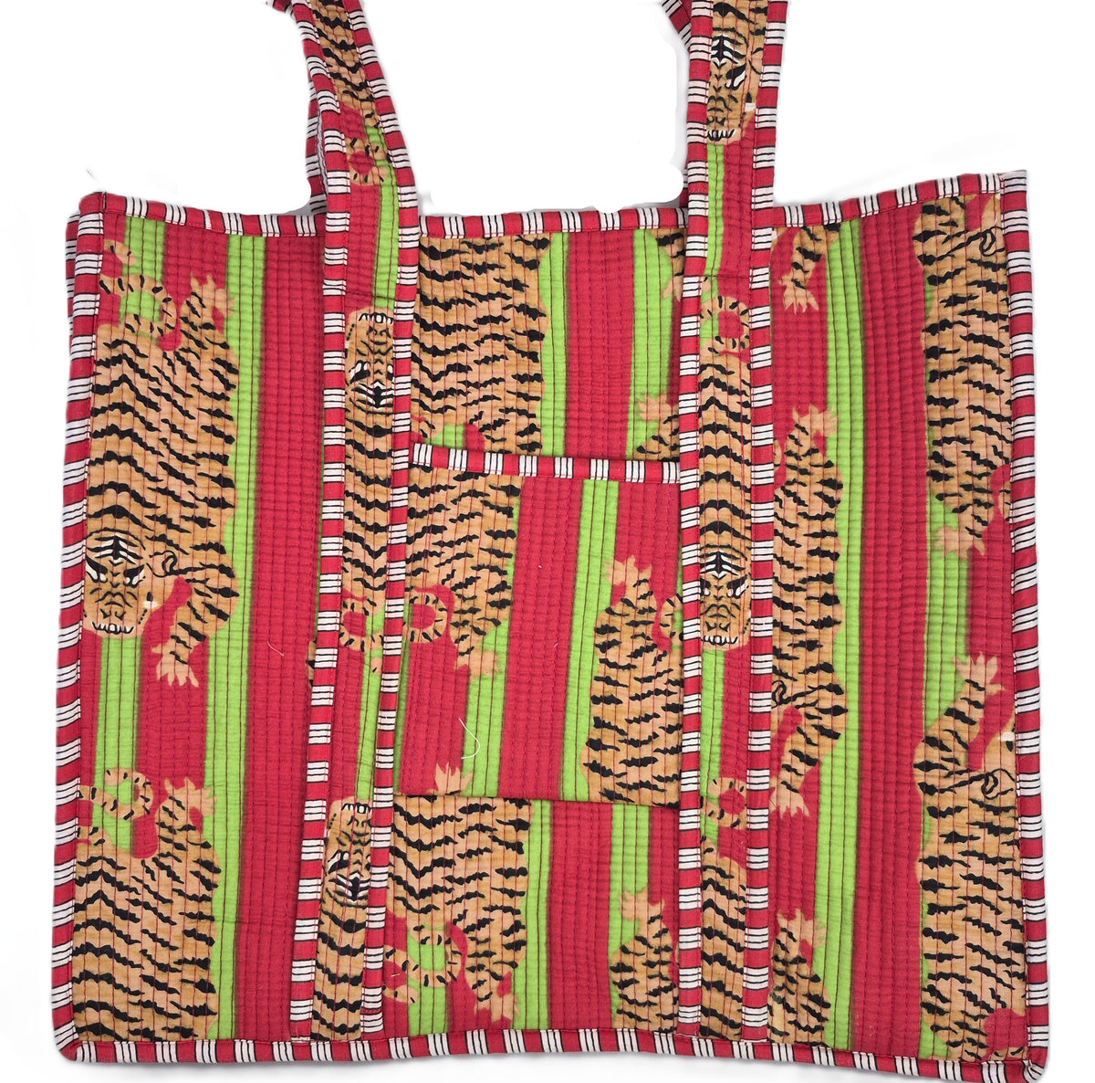 Tiger block-print shopper bag in red and lime, quilted cotton with contrast lining and interior pocket