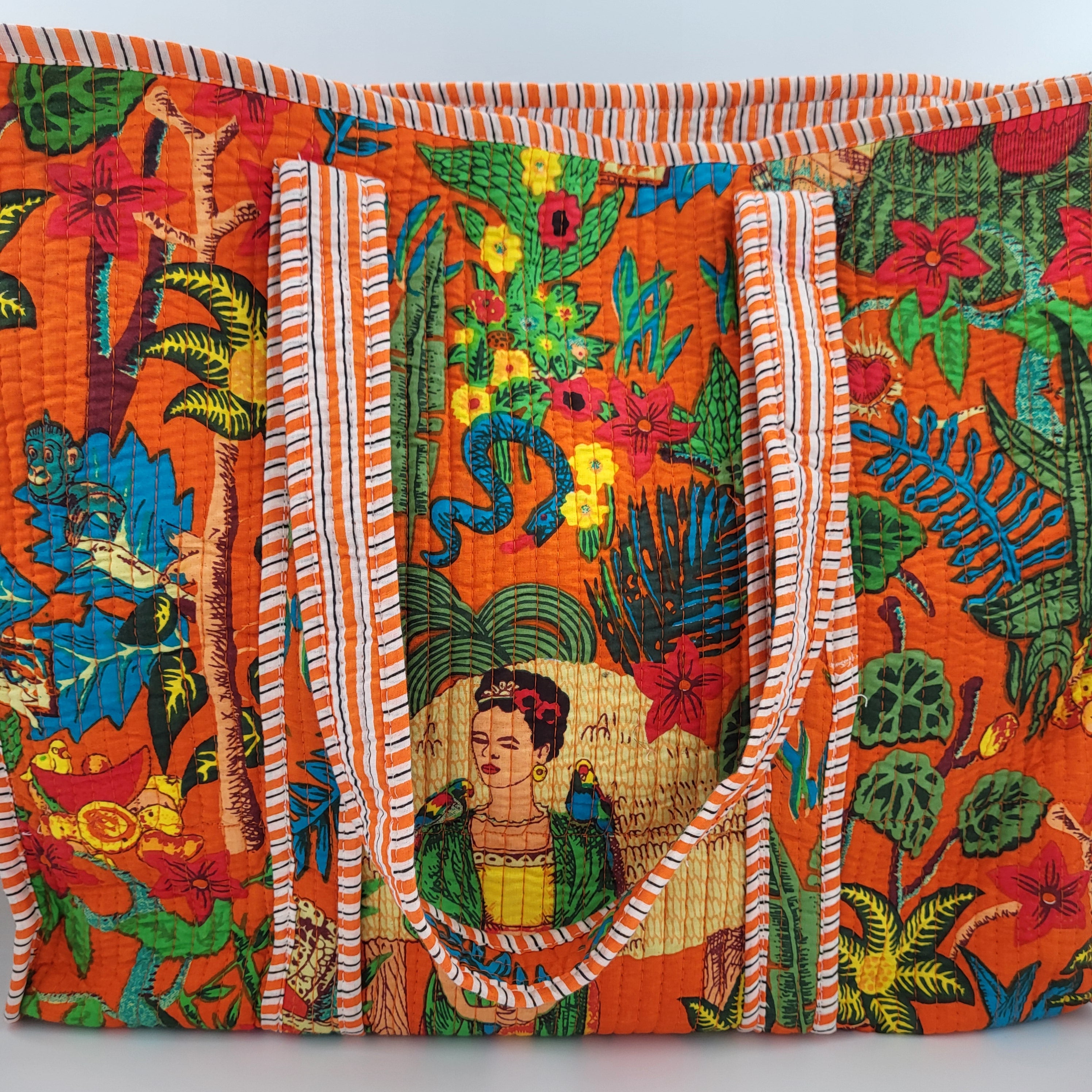 Orange Frida Kahlo block-print cotton shopper bag, generously sized