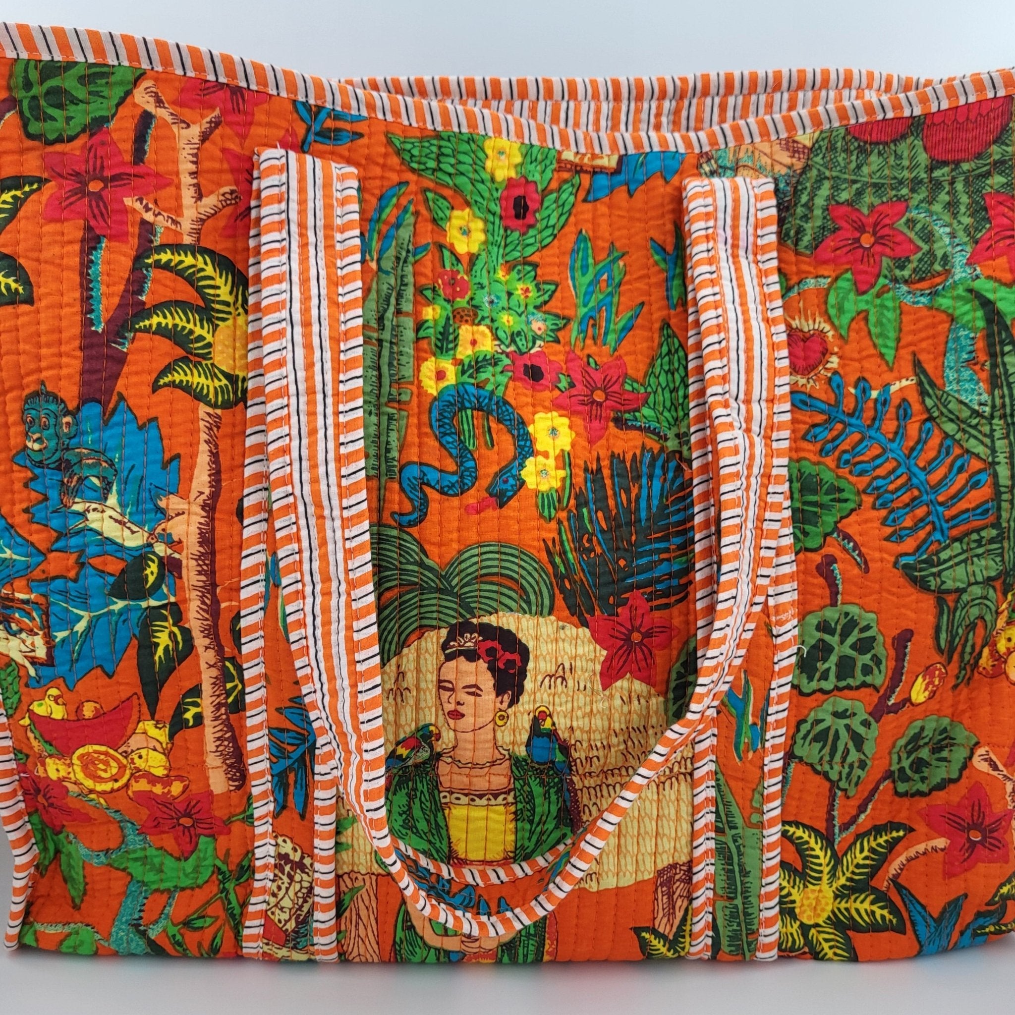 Orange Frida Kahlo block-print cotton shopper bag, generously sized