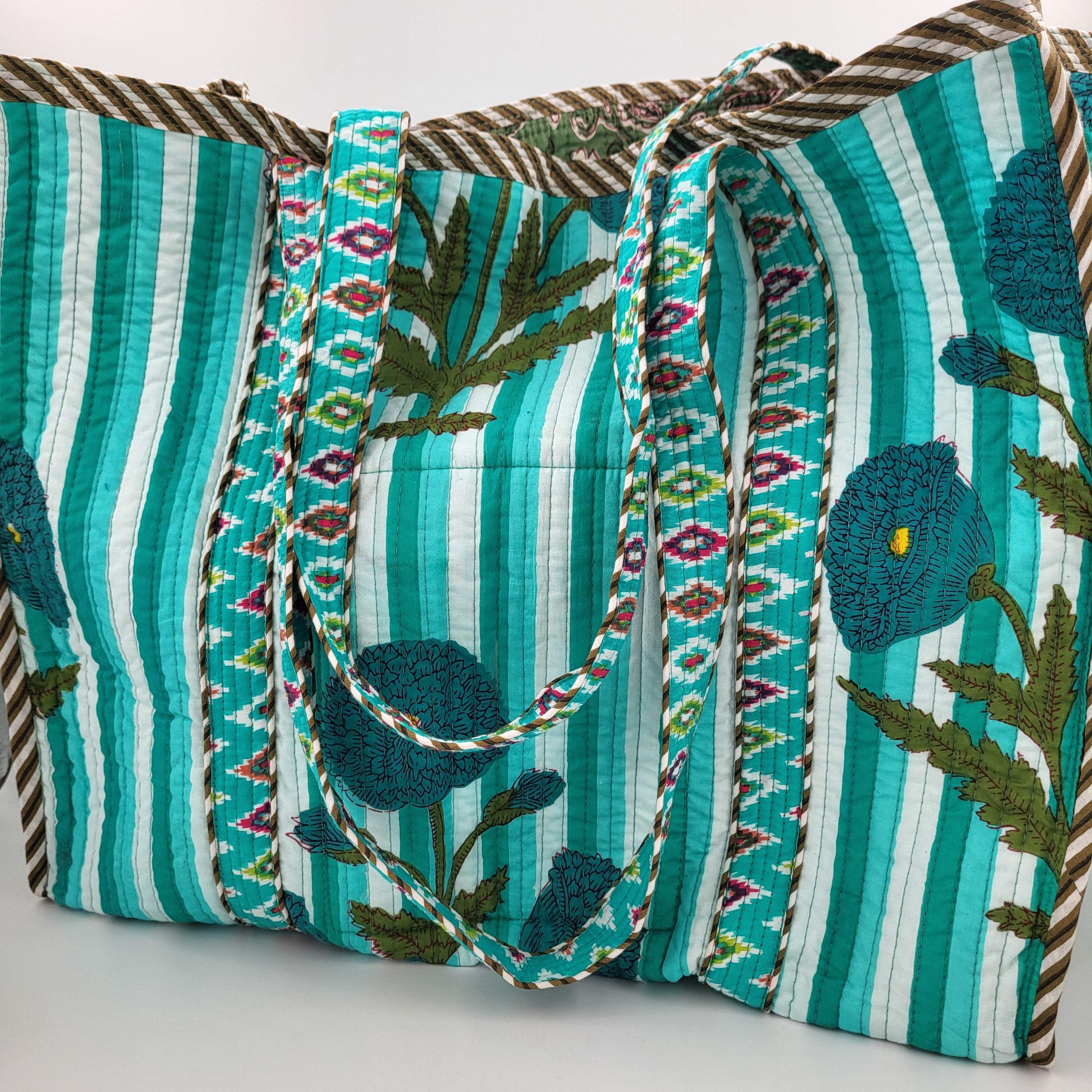 Small poppy block-print shopper bag in turquoise