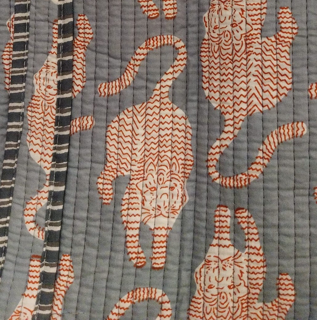 Tiger block-print shopper bag in grey, quilted cotton, generously sized with an interior pocket