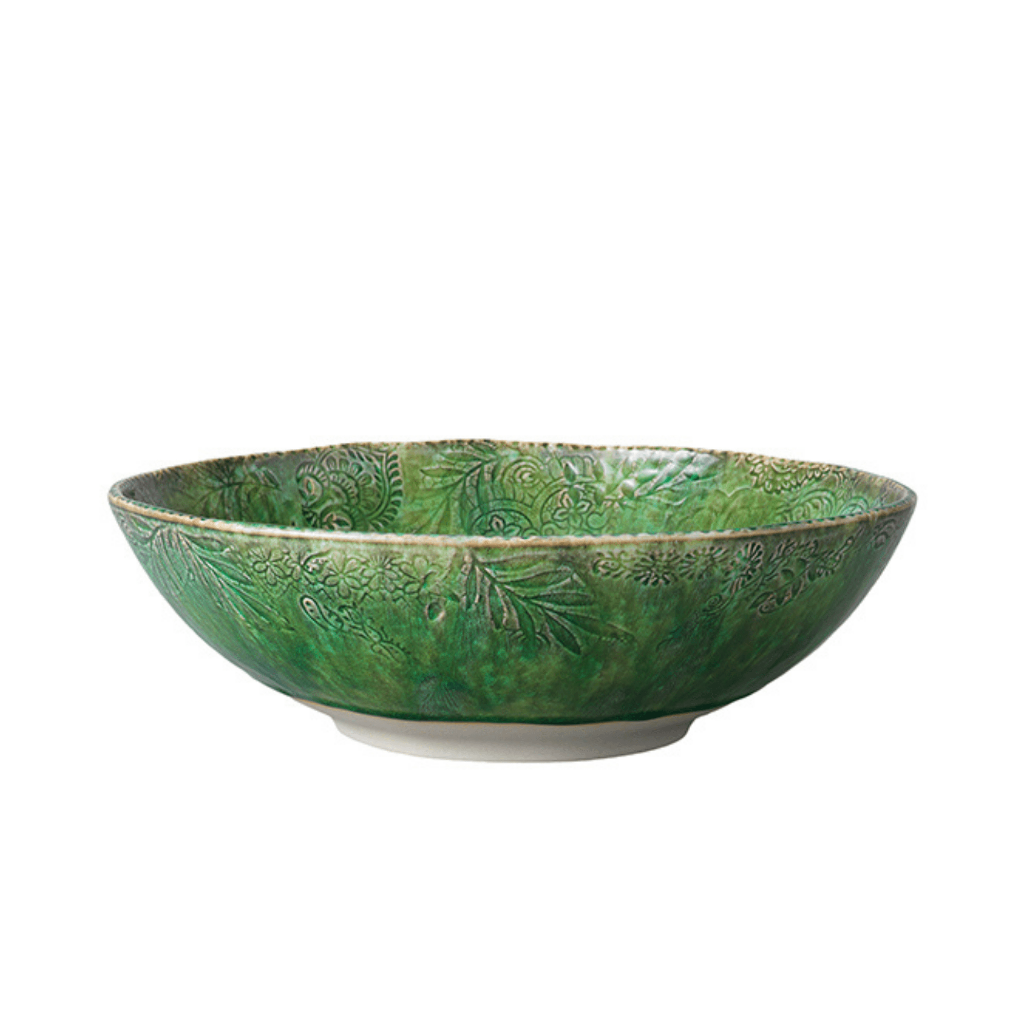 Seaweed ceramic serving bowl, beaded rim, white stoneware, detail view