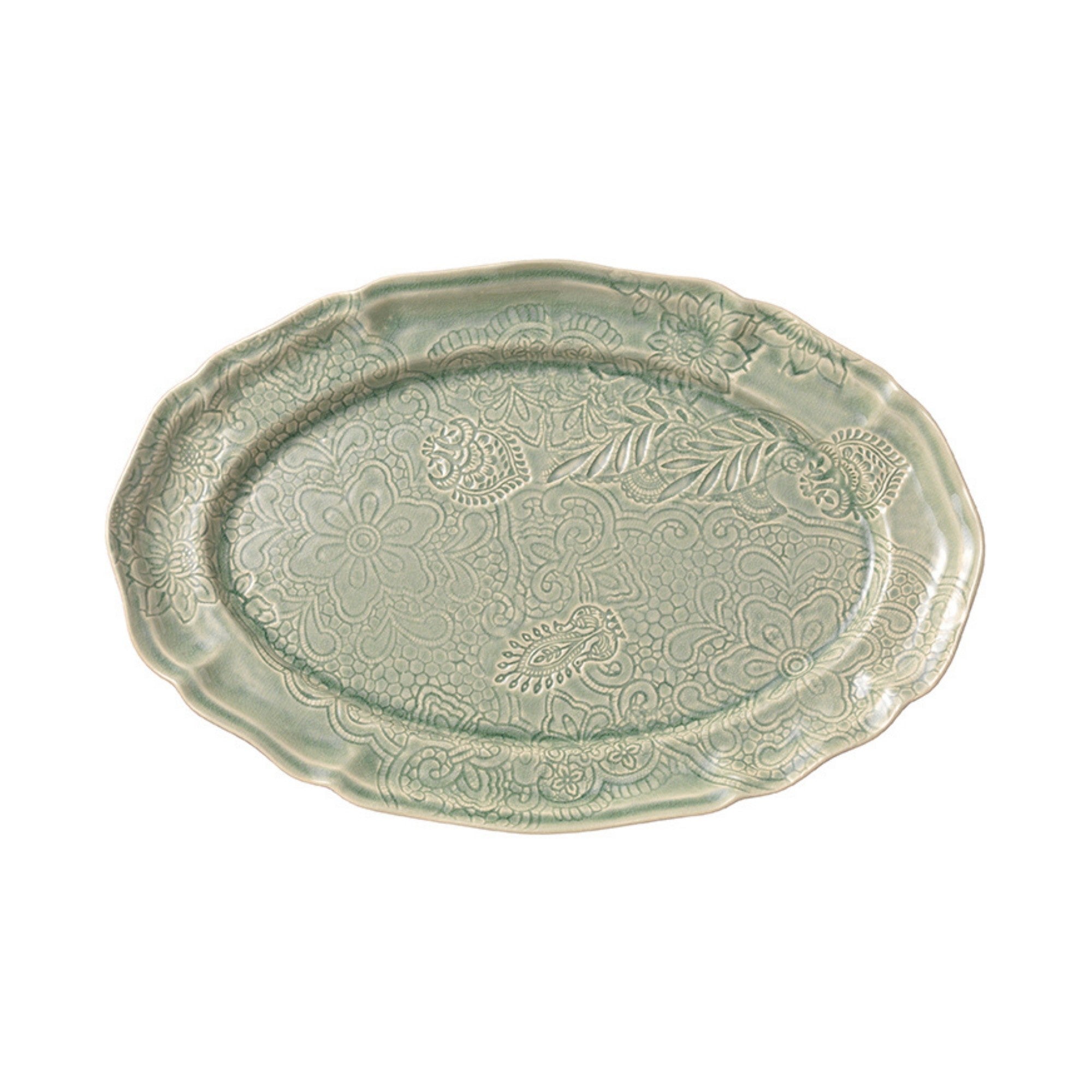 Large oval serving platter in antique, leaf and vine pattern, ceramic, 49 x 32 cm