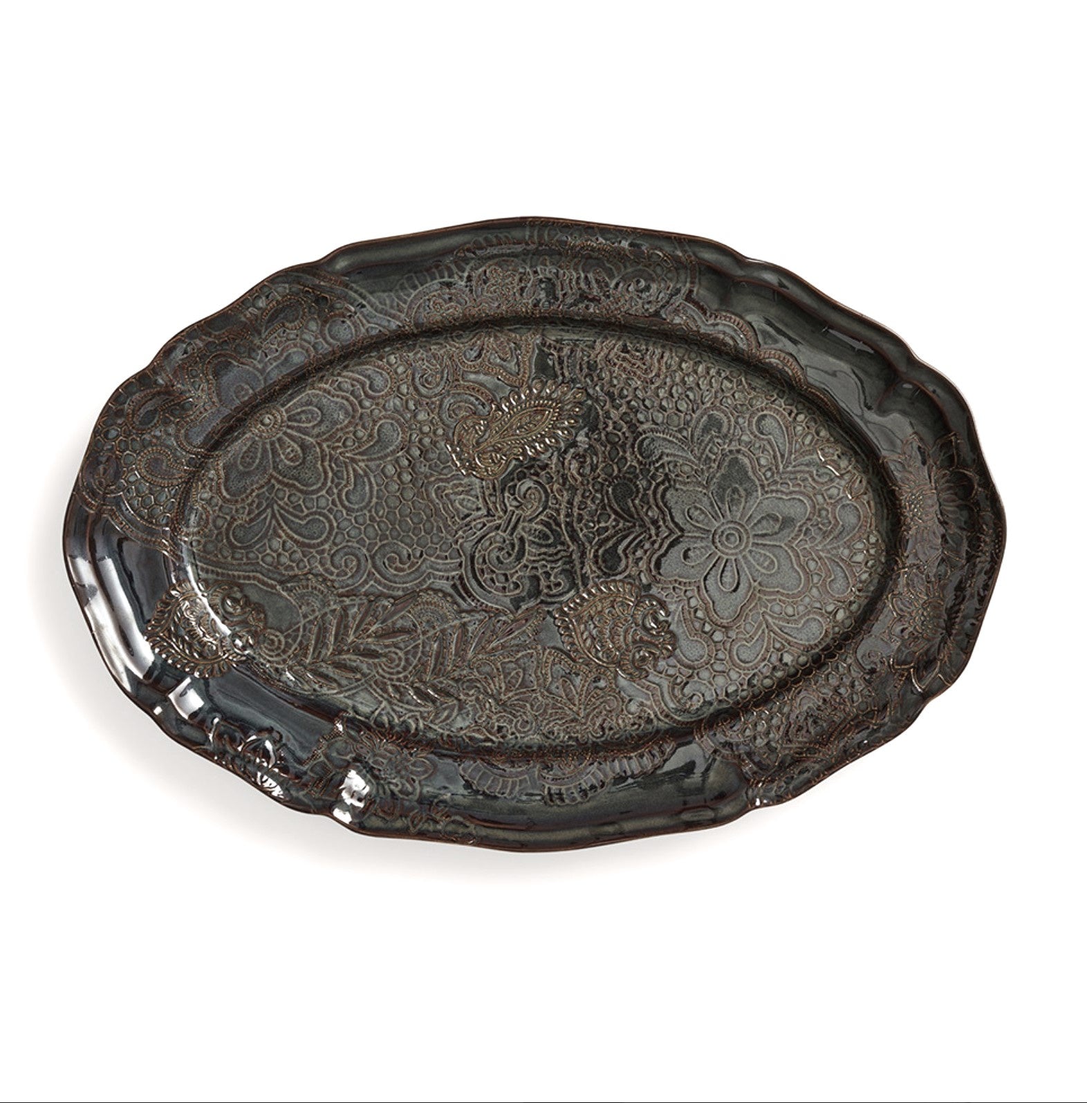 Large oval serving platter in fig, leaf and vine pattern, ceramic, 49 x 32 cm
