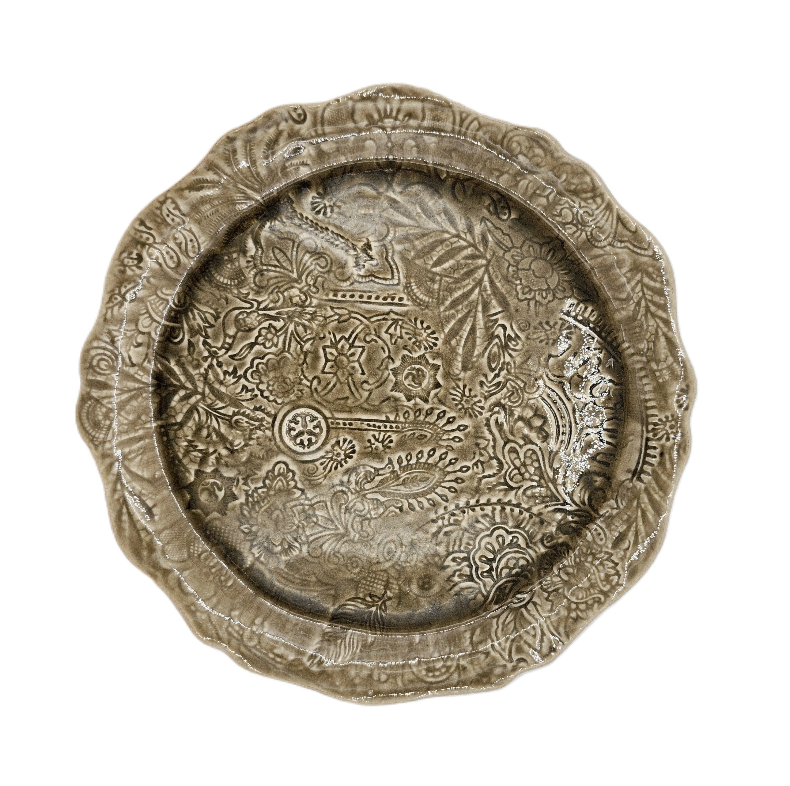 Round Sthal ceramic pizza plate in sand, 34cm white stoneware, made in Portugal