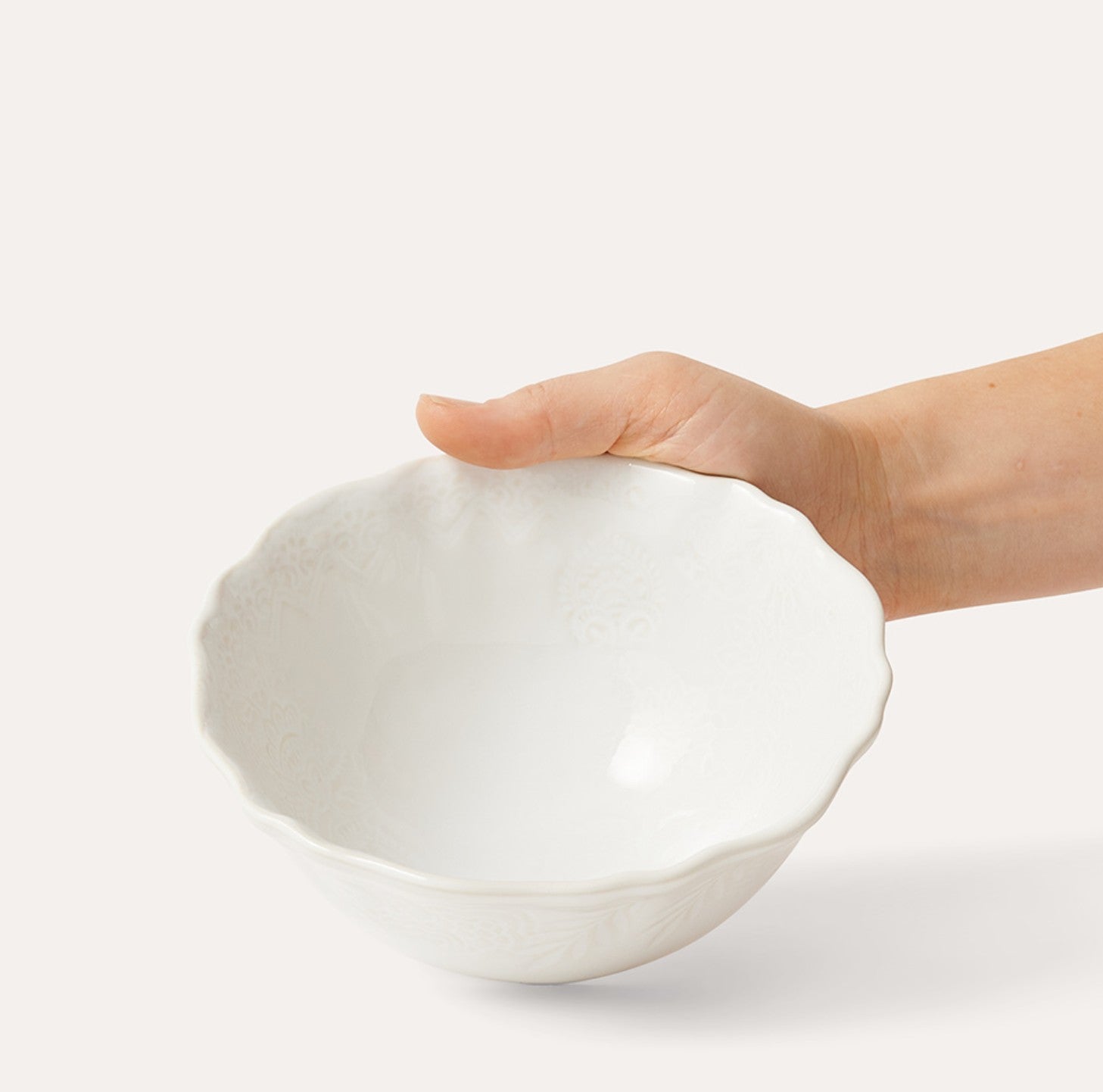 Sthal white soup or rice bowl, scalloped stoneware, detail
