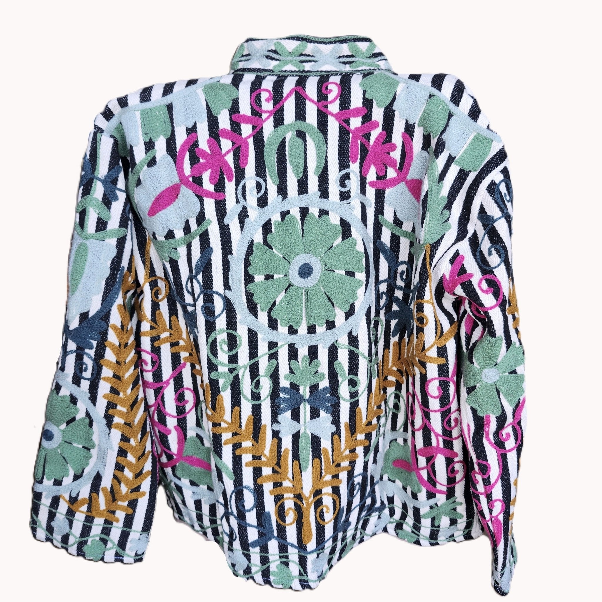 Striped suzani jacket in black and white cotton with green hand-worked stitching