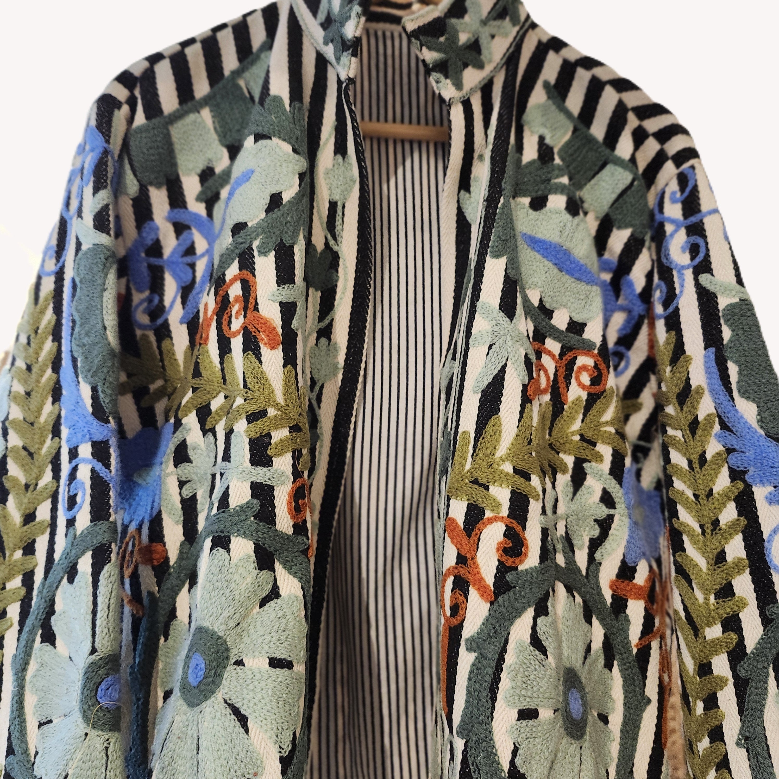 Black and white striped suzani jacket, sage embroidery, detail