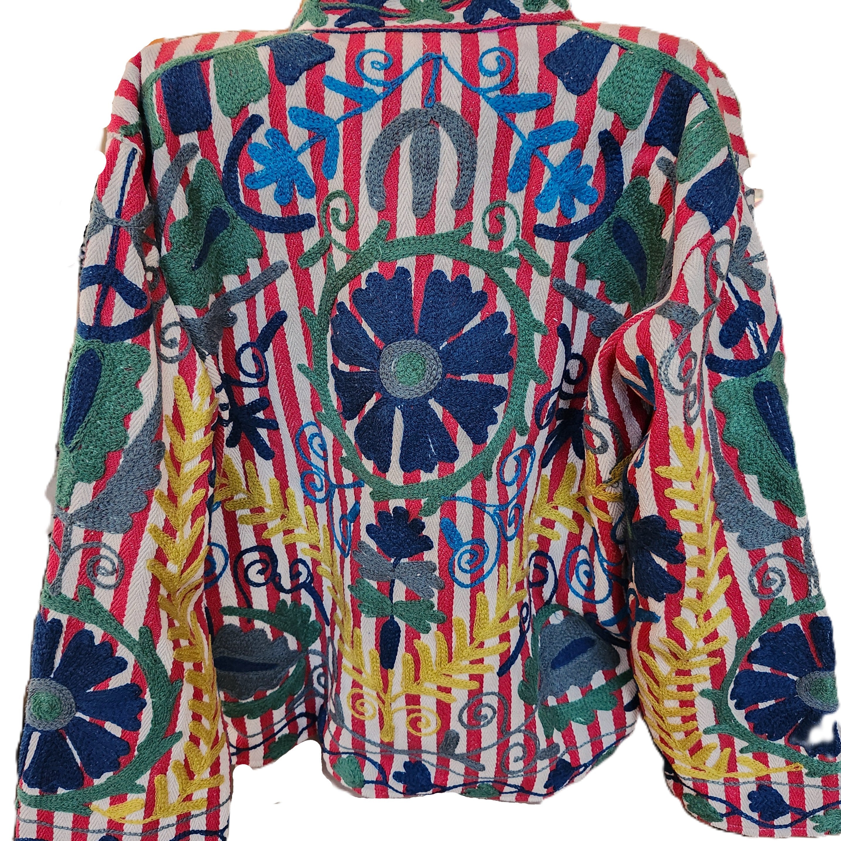 Striped suzani jacket in red and blue cotton with hand-worked suzani stitching