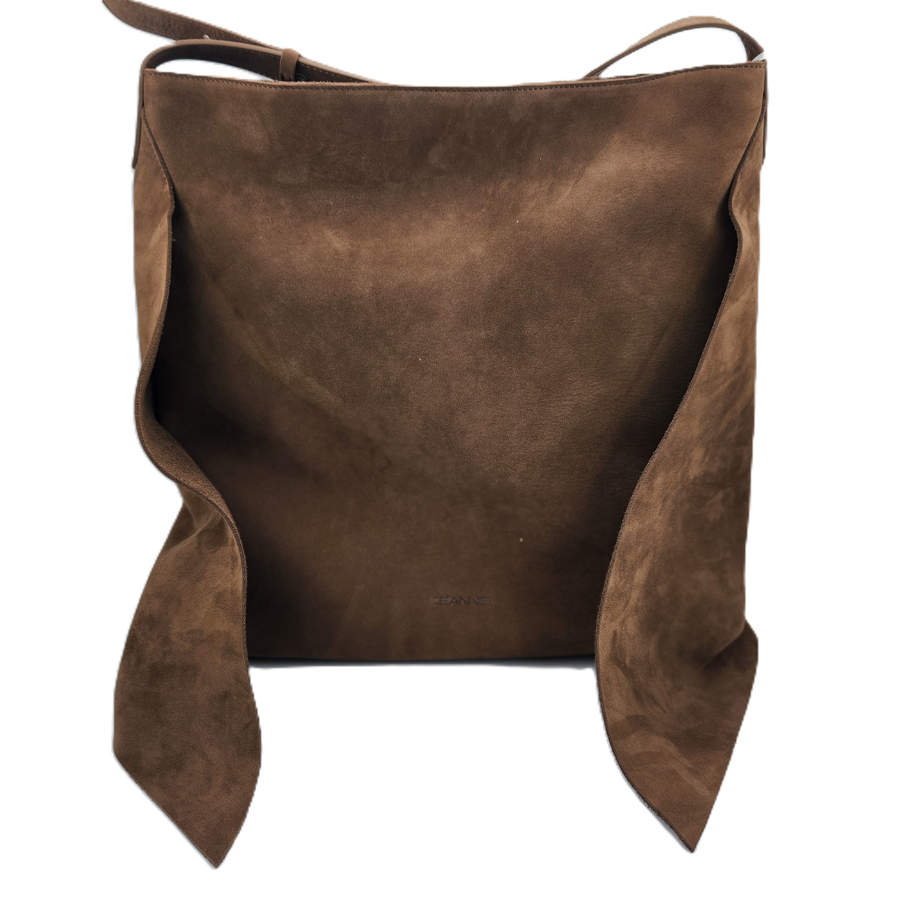 Ceannis brown suede shoulder bag with adjustable leather strap