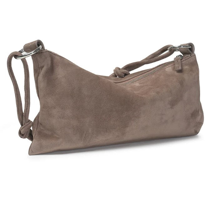 Ceannis taupe suede knotted handle evening bag with zip closure