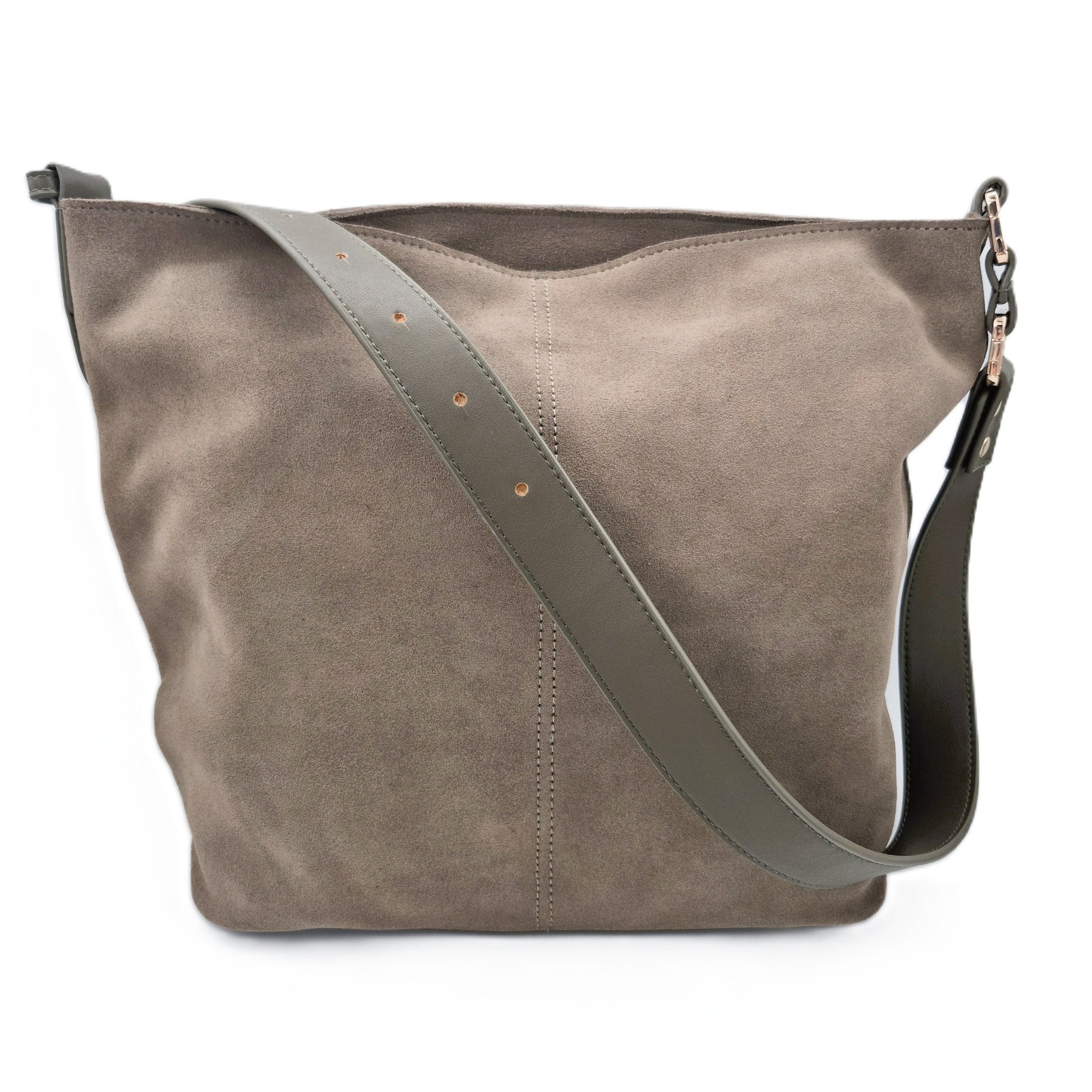 Ceannis taupe suede tote bag with adjustable leather strap