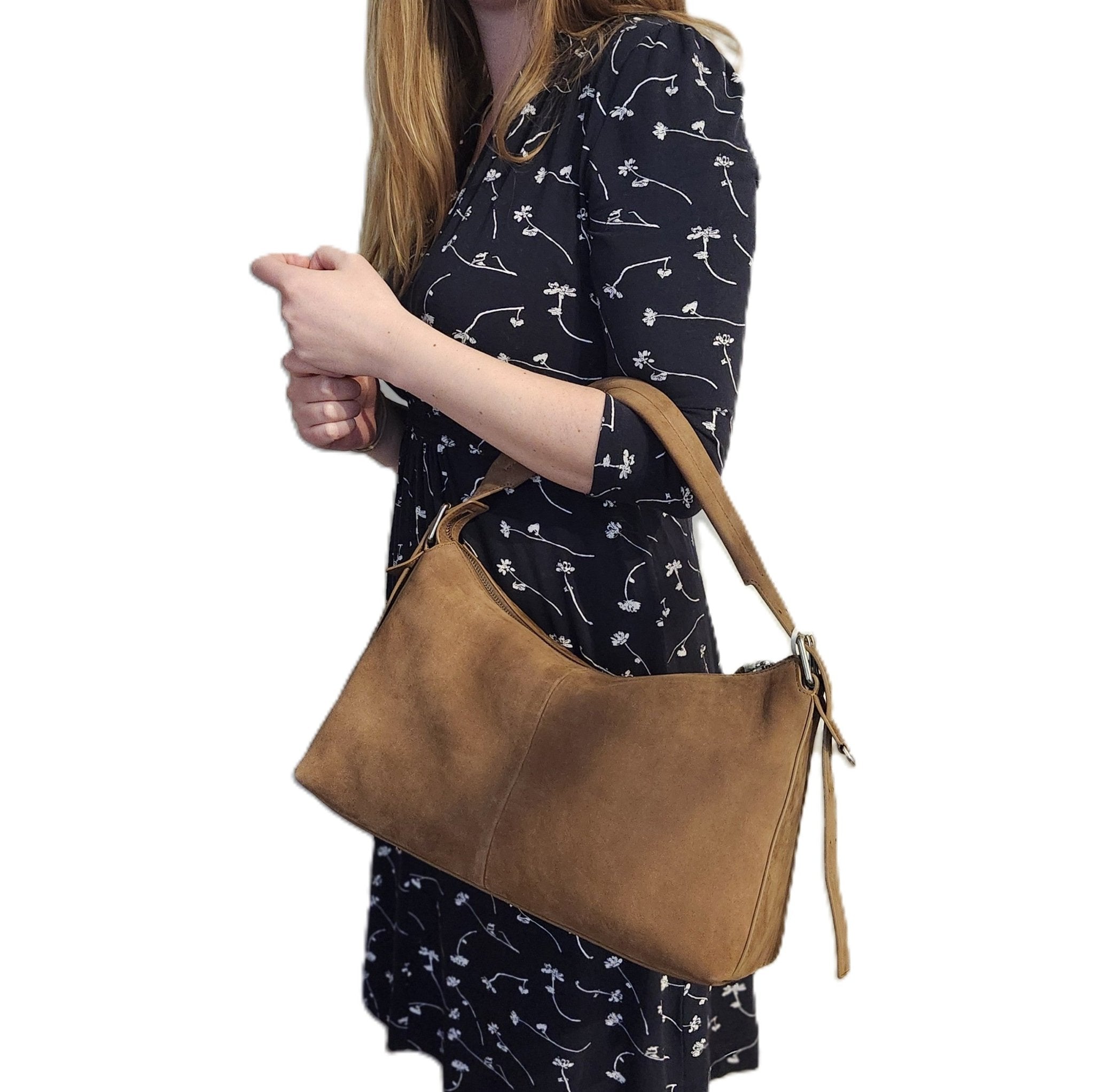 Brown suede city bag with leather strap, Ceannis, styled