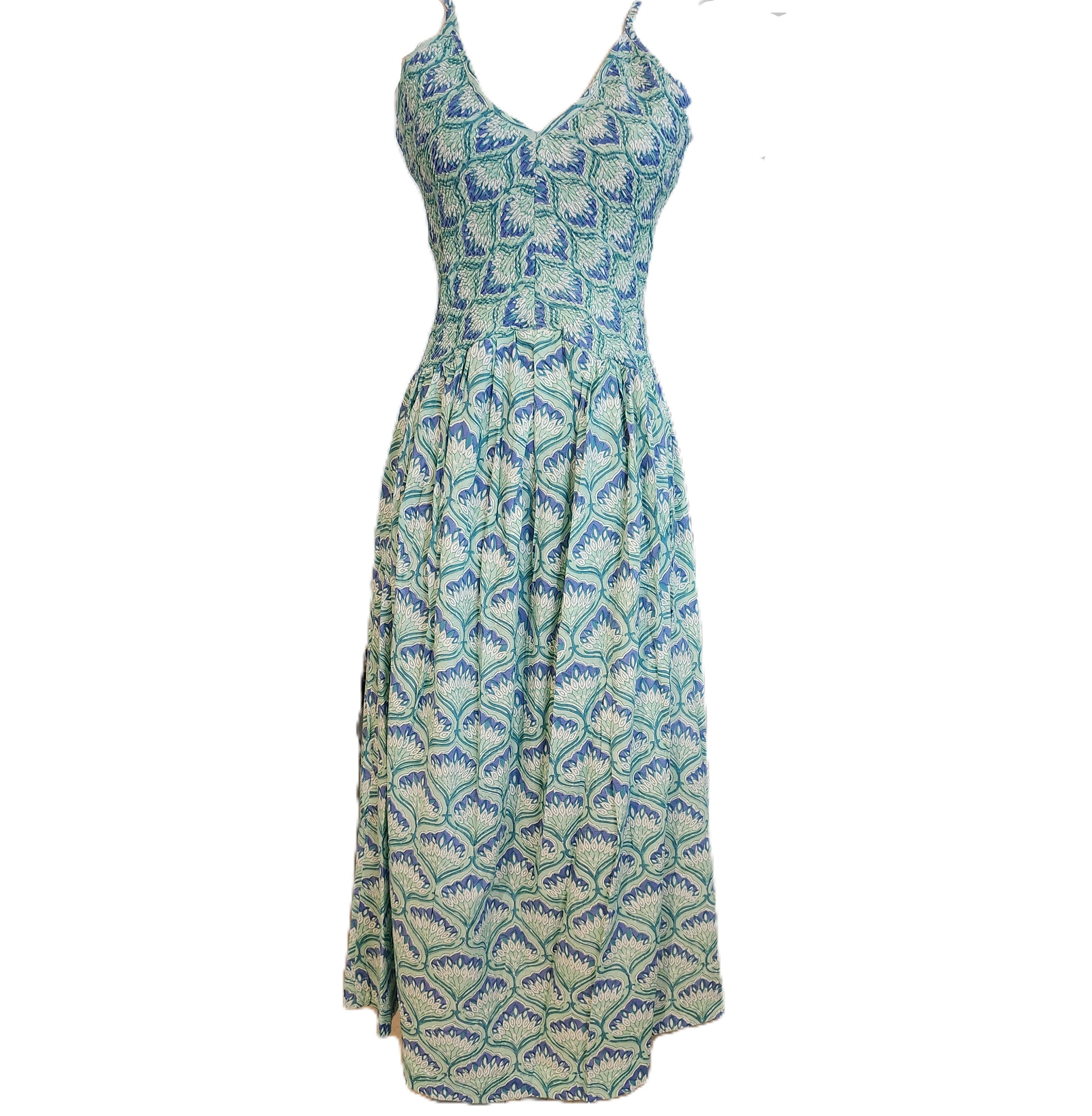 Block printed cotton sundress with elasticated bodice and adjustable straps, size XS
