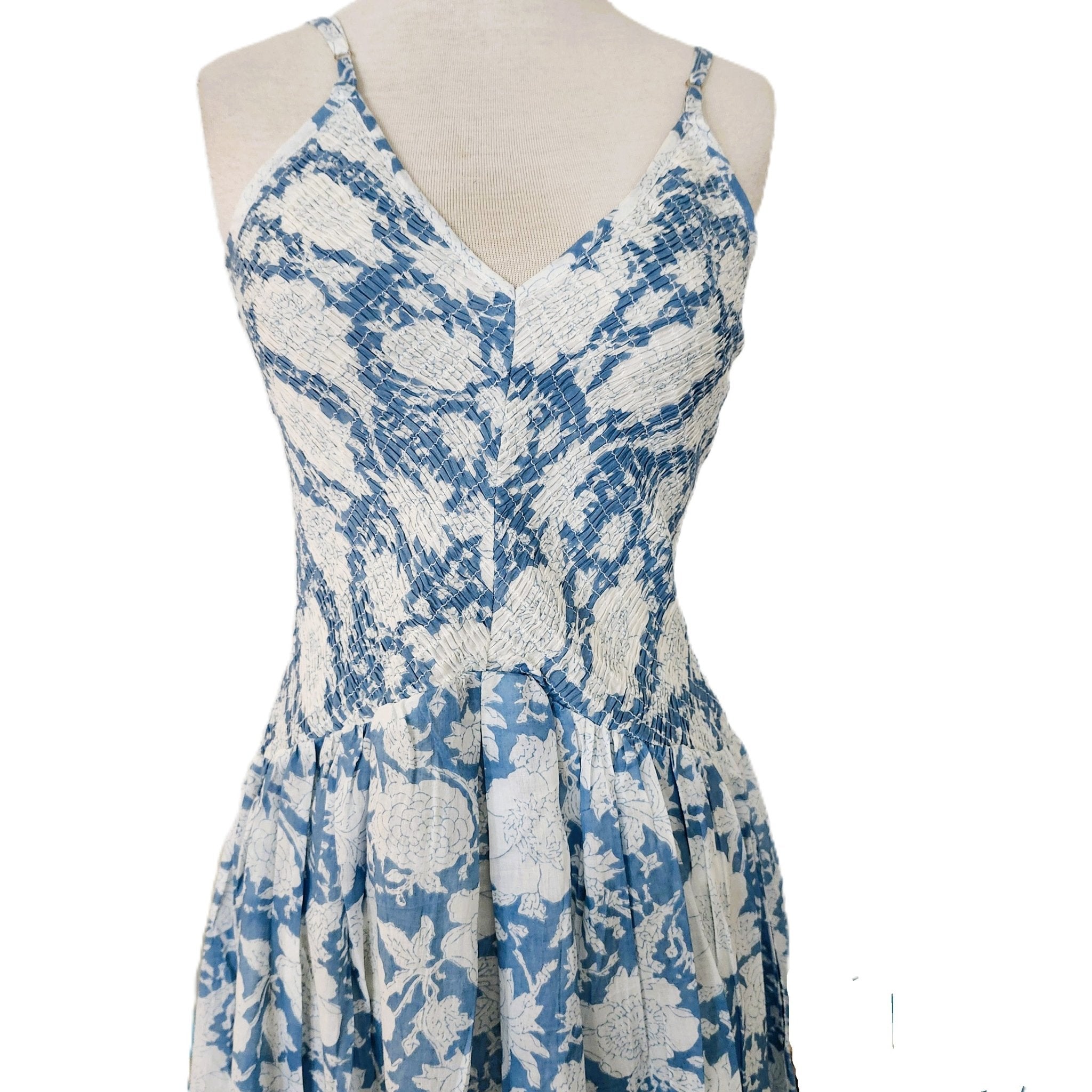 Block printed cotton sundress, elasticated bodice, assorted print