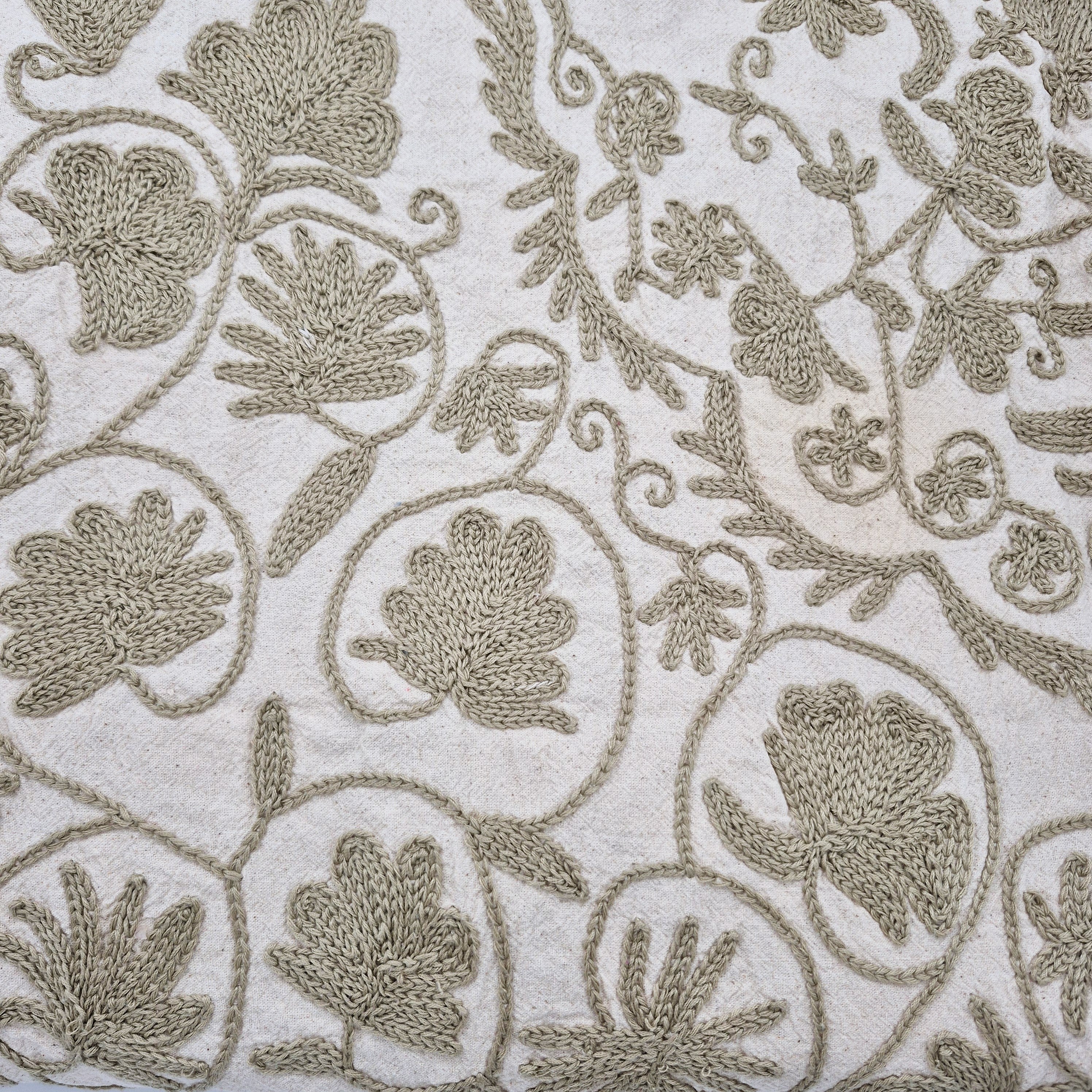 Close-up of embroidered fabric with floral patterns on a cream background