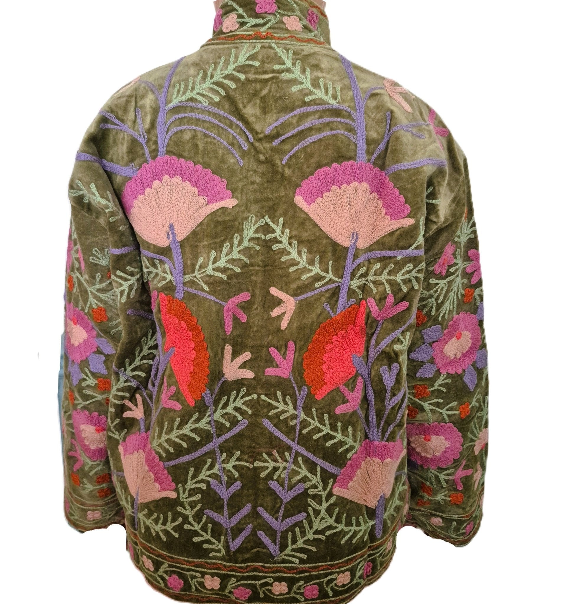 Embroidered velvet jacket with floral patterns on an olive background