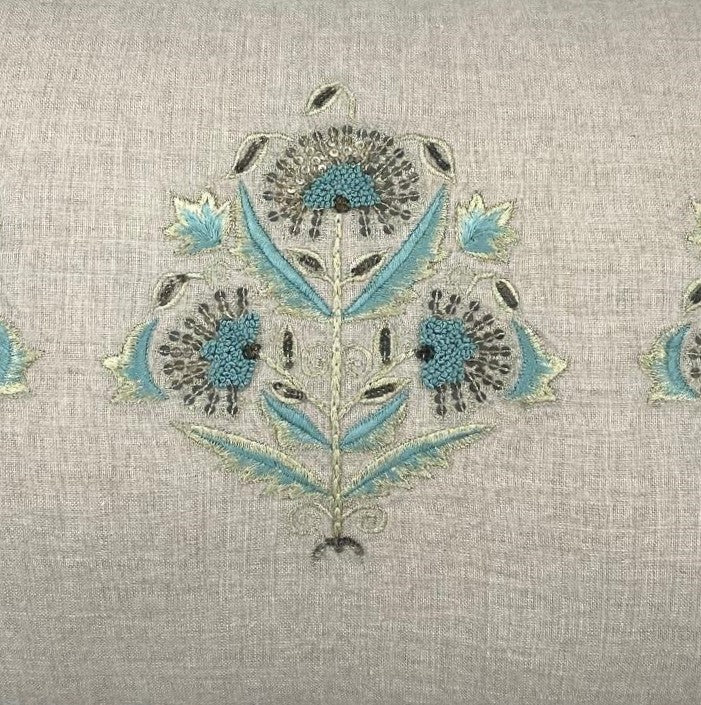 Suzani Sitara linen cushion in teal and silver silk with metal work, 35 x 50cm