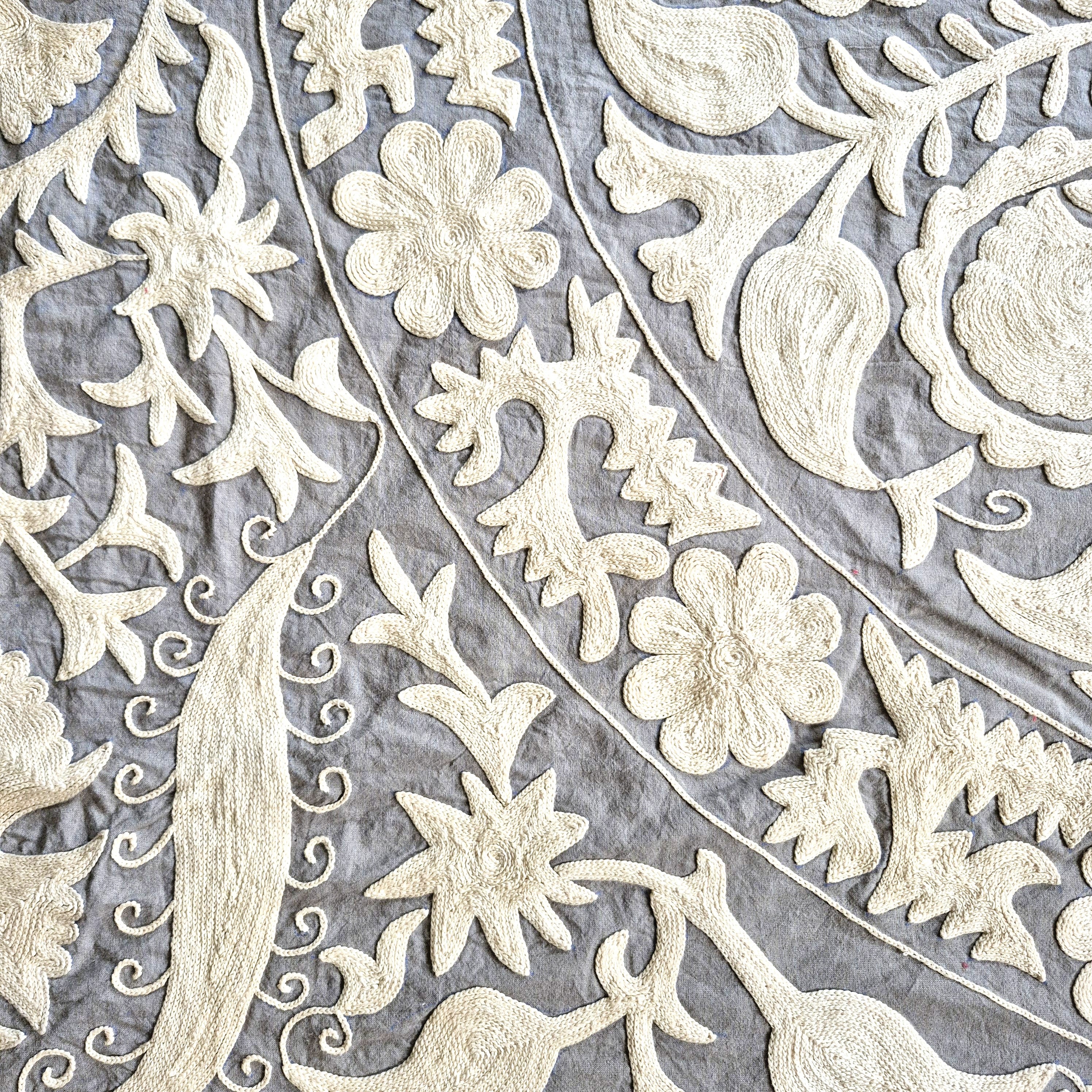 Close-up of intricate hand embroidered suzani floral and paisley patterns on a textured fabric background