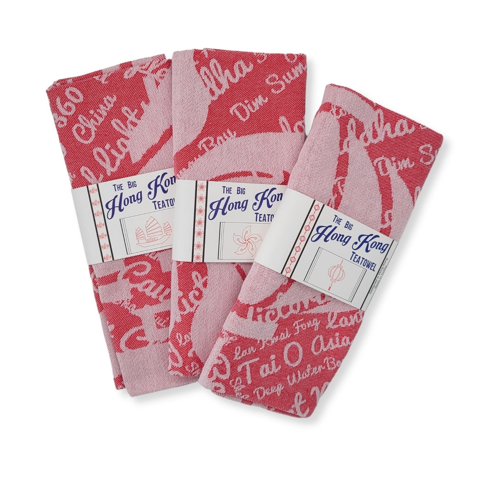 Red Hong Kong themed woven tea towel, 100% cotton, made in Turkey