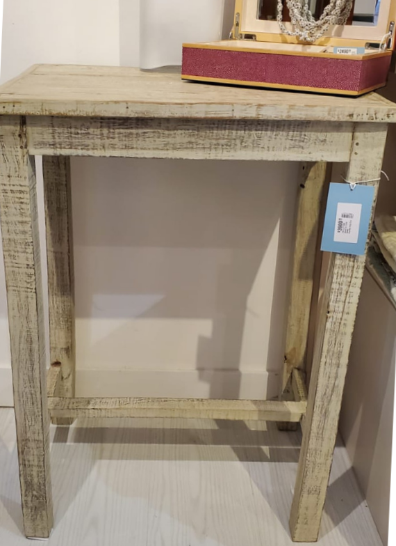 Vintage teak side table washed in pale green, farmhouse style, 63 x 56cm