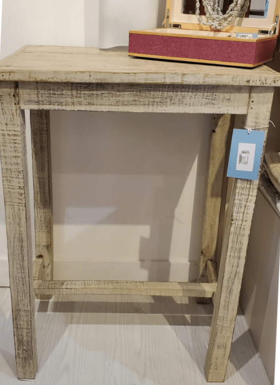 Vintage teak side table washed in pale green, farmhouse style, 63 x 56cm
