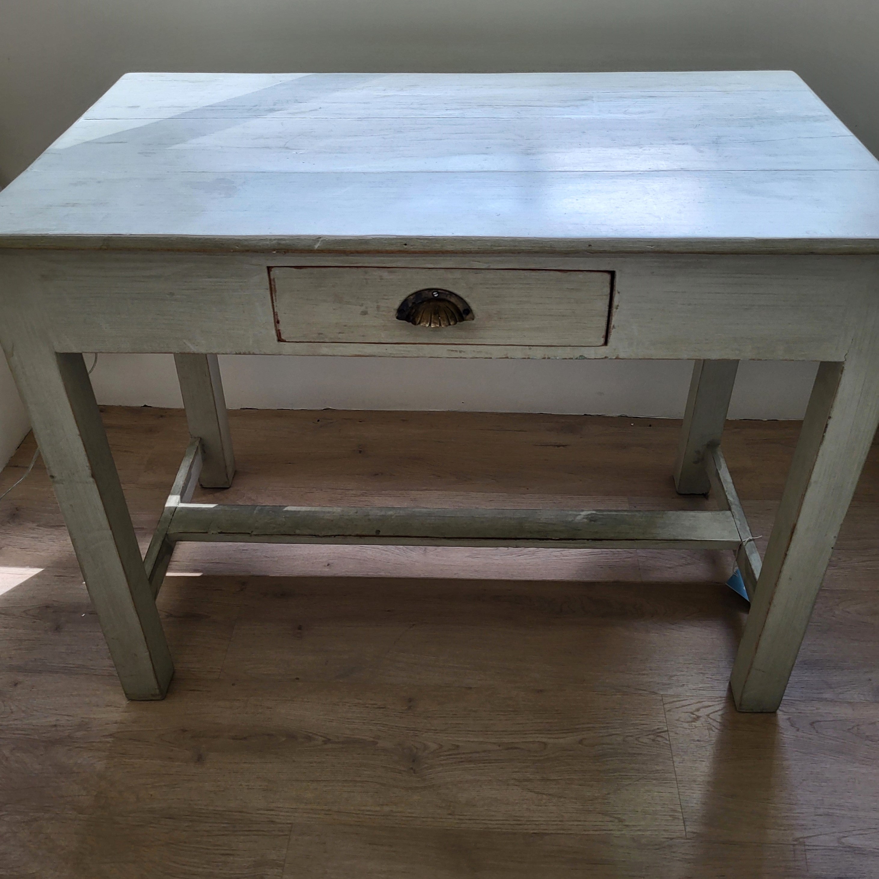 Vintage teak table washed in sage green with single drawer, 100 x 59cm