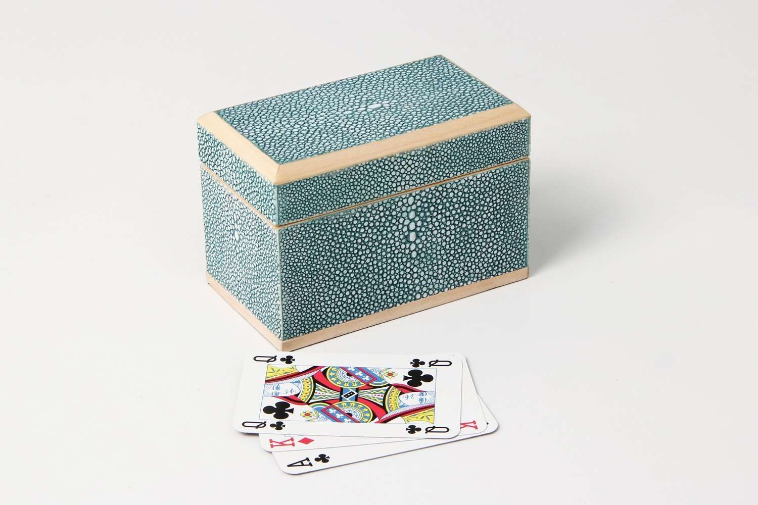 Teal faux shagreen playing card box by Forwood Design, 12 x 6 x 8 cm, styled view
