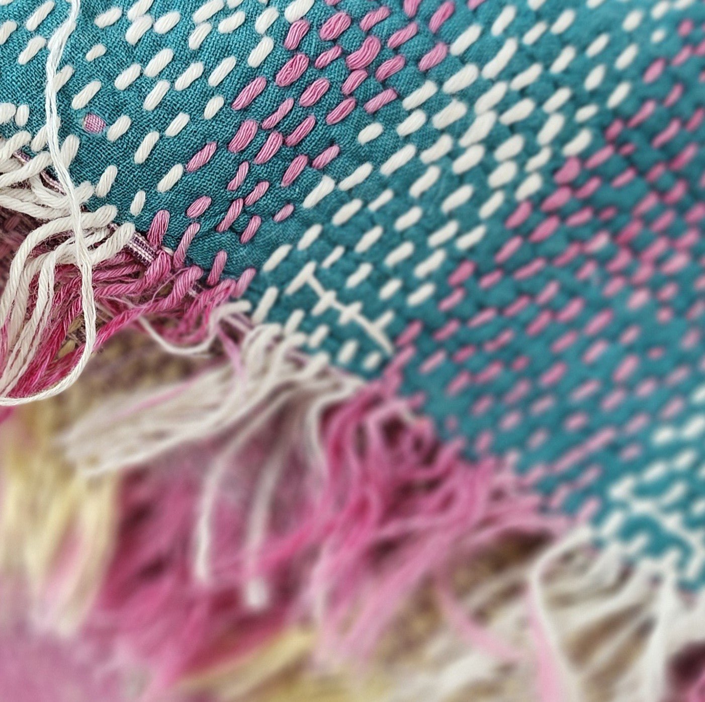 Colourful striped vintage kantha quilt, hand-stitched, styled