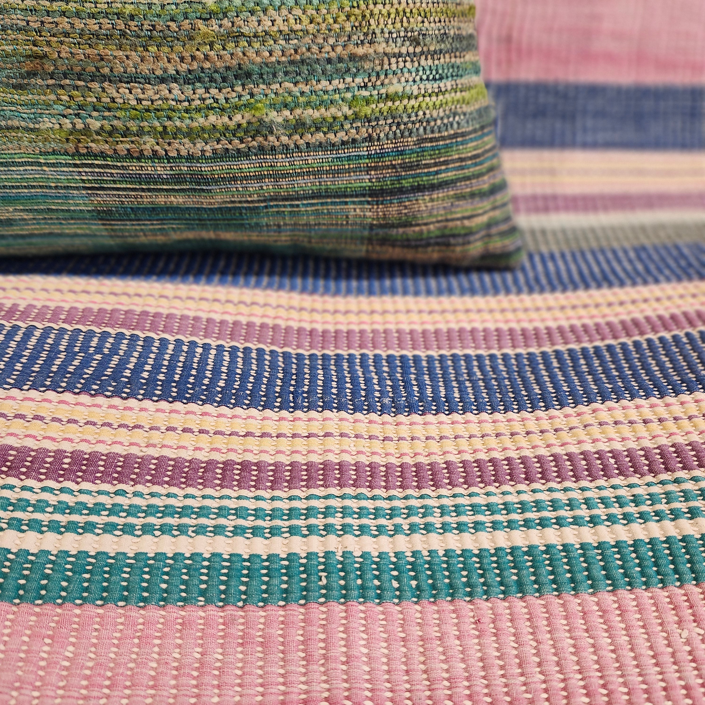 Pastel striped vintage kantha quilt, hand-stitched, styled