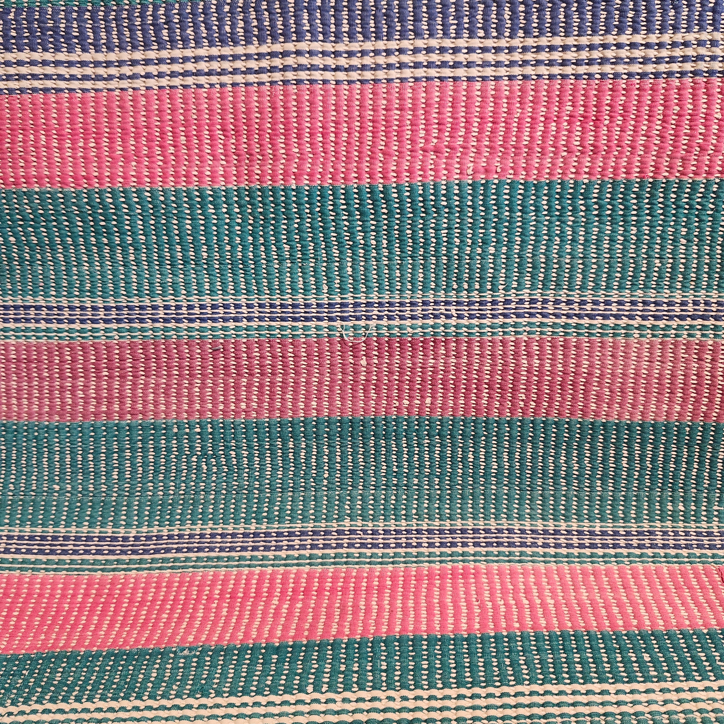 Pastel vintage kantha quilt, fine stitching detail