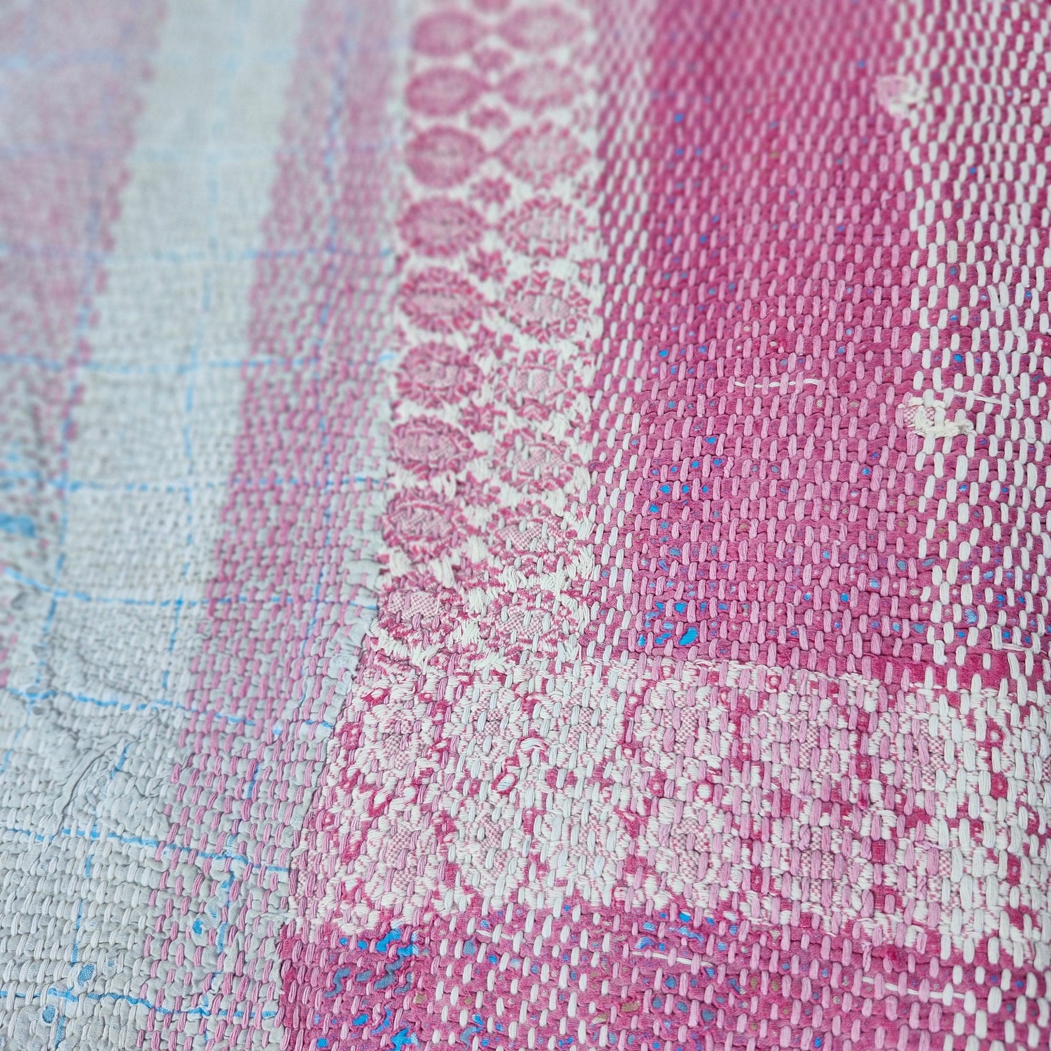Vintage pink cotton kantha quilt, hand-stitched, 188 x 153cm