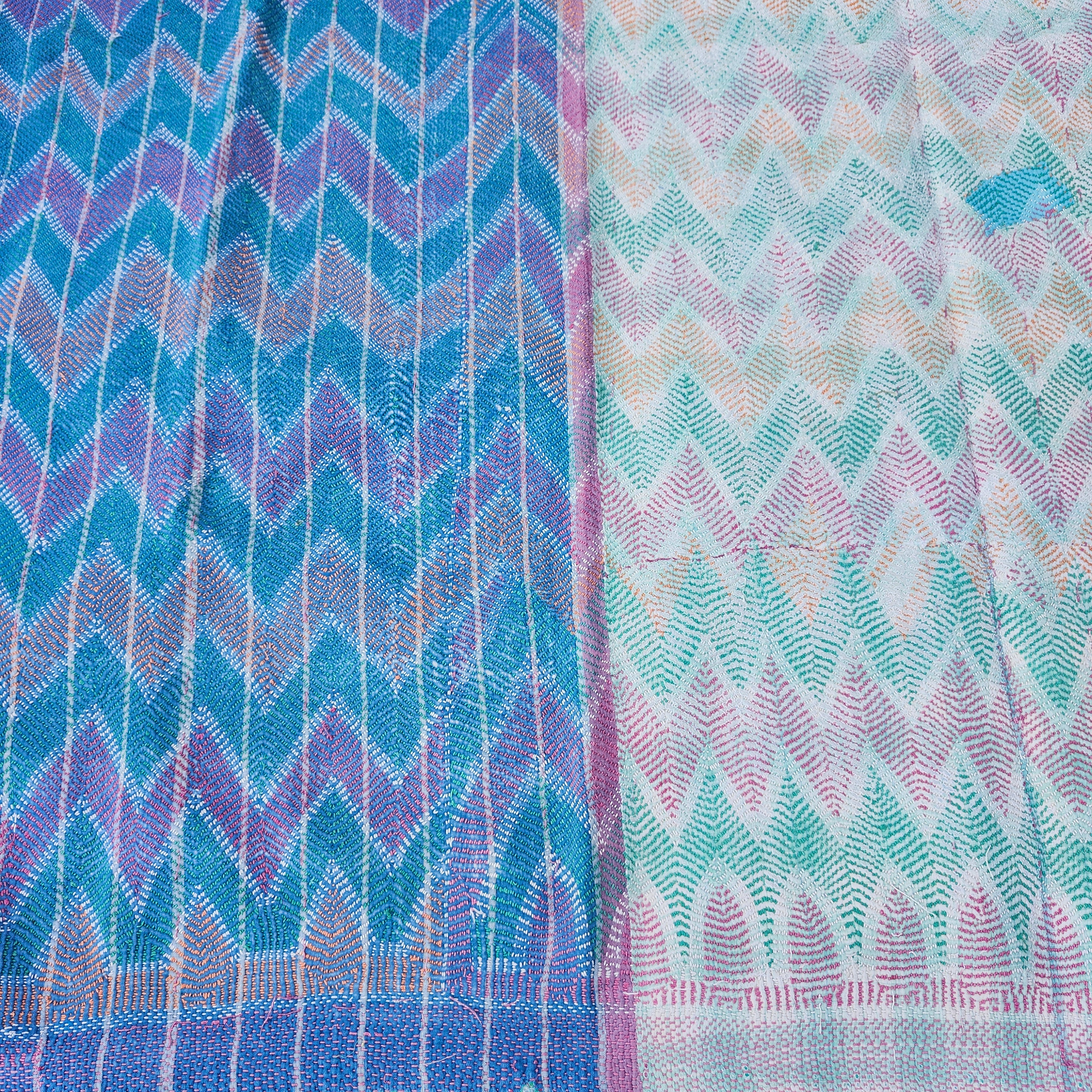 Turquoise chevron vintage kantha quilt, stitch detail