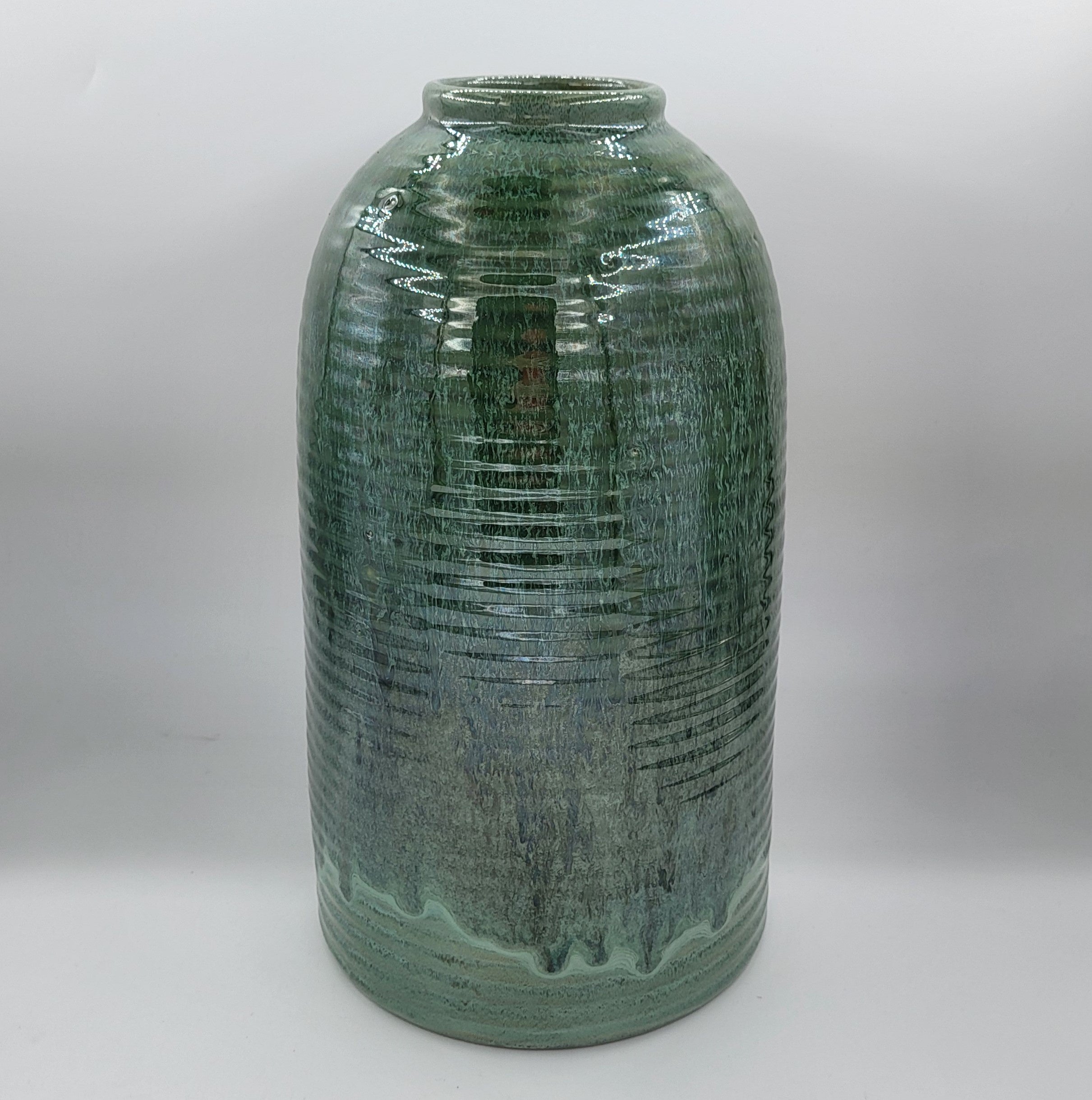 Beehive glazed ceramic vase in blue and green, ribbed design, 30 cm, Vietnam