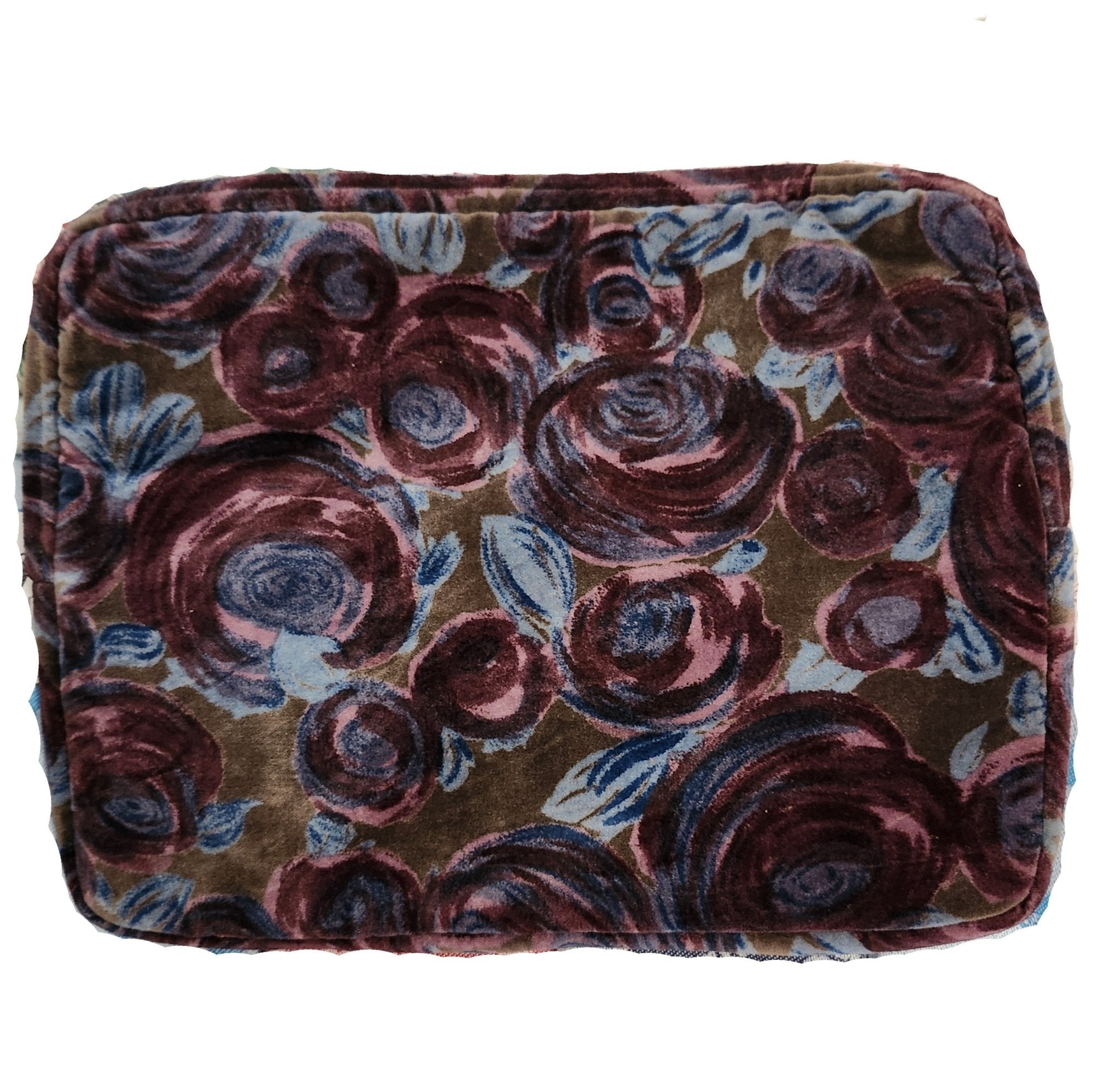 Cotton velvet laptop cover printed with roses in zinc colourway, metal zip close, 33 x 25cm for travel