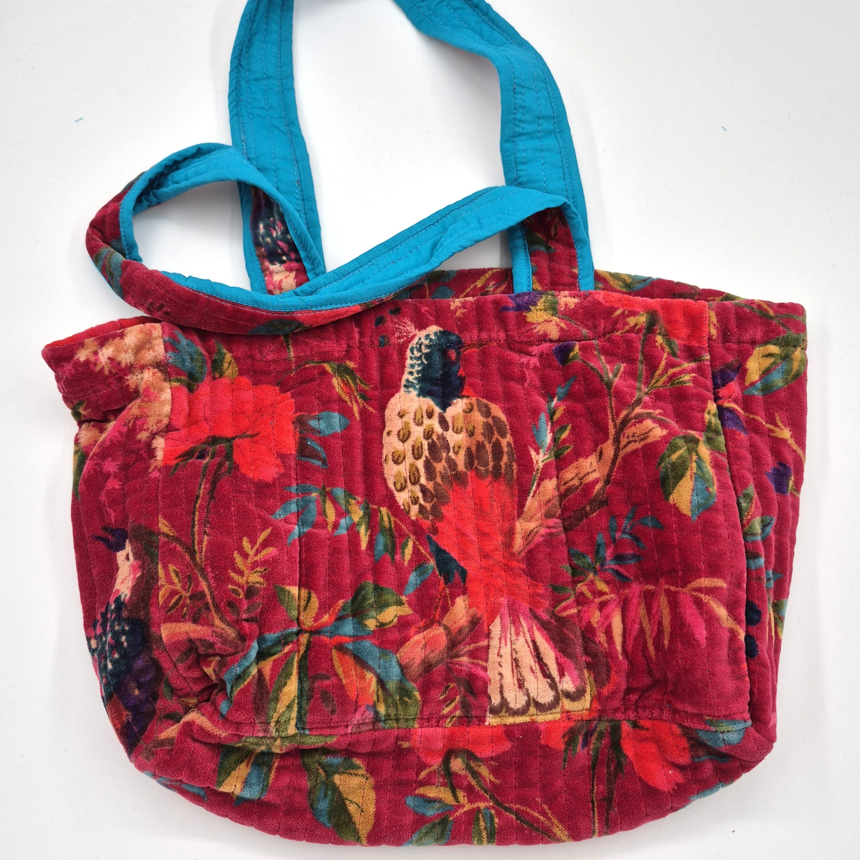 Raspberry quilted velvet bag with tropical foliage and birds, 30 x 20cm