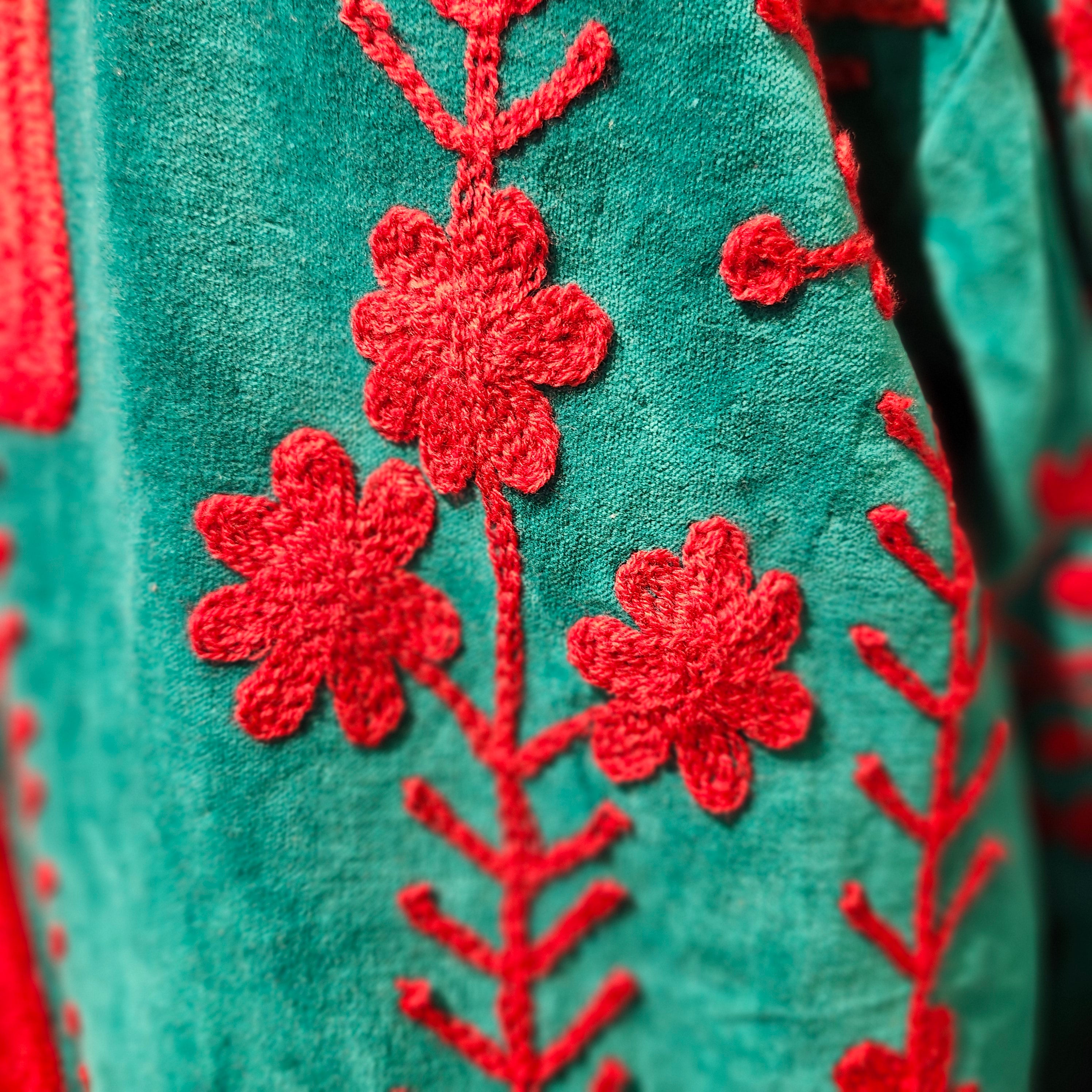 Turquoise suzani velvet coat, two pockets, detail