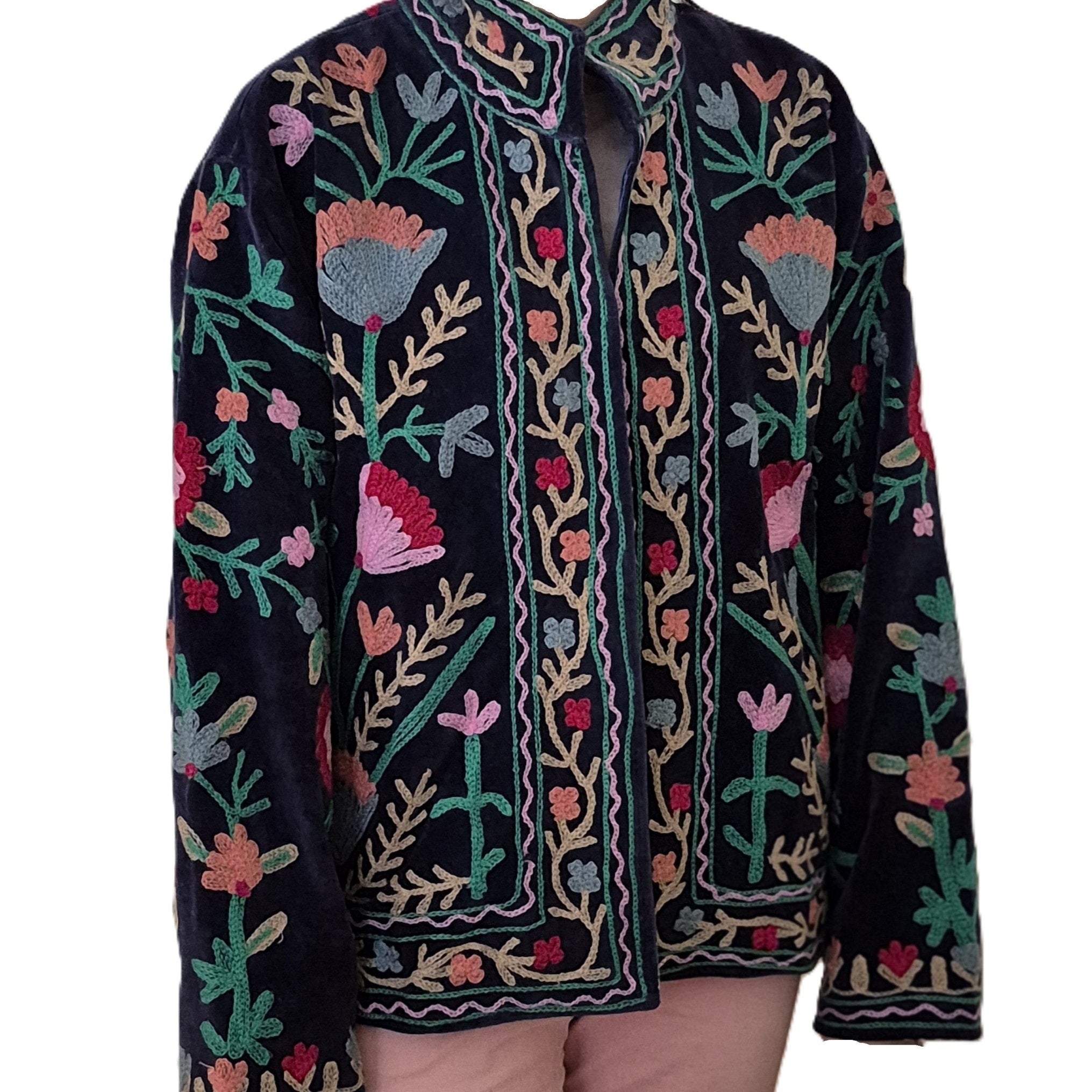 Navy suzani velvet jacket, hand-worked stitching, styled