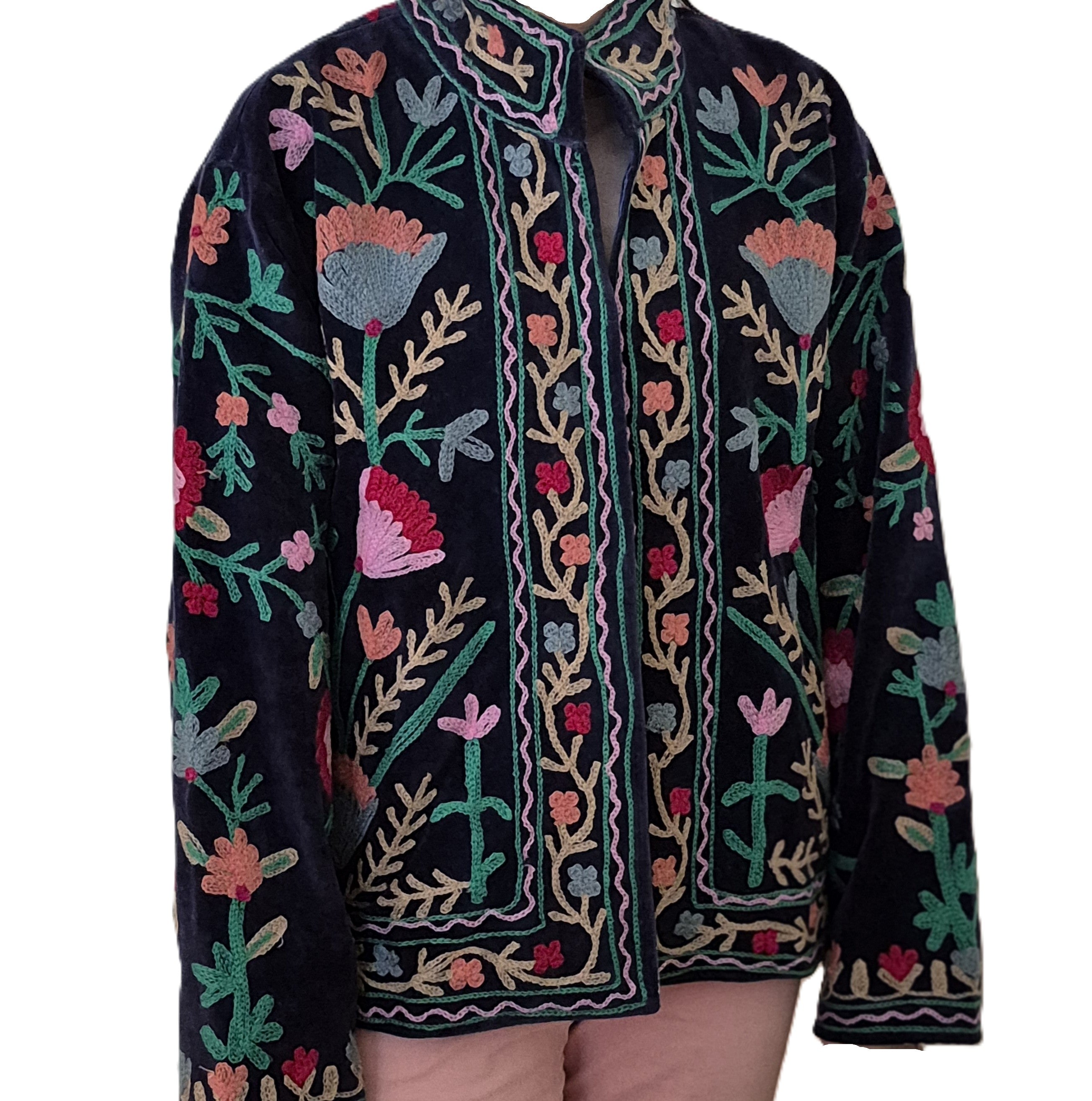 Navy suzani velvet jacket, hand-worked stitching, styled