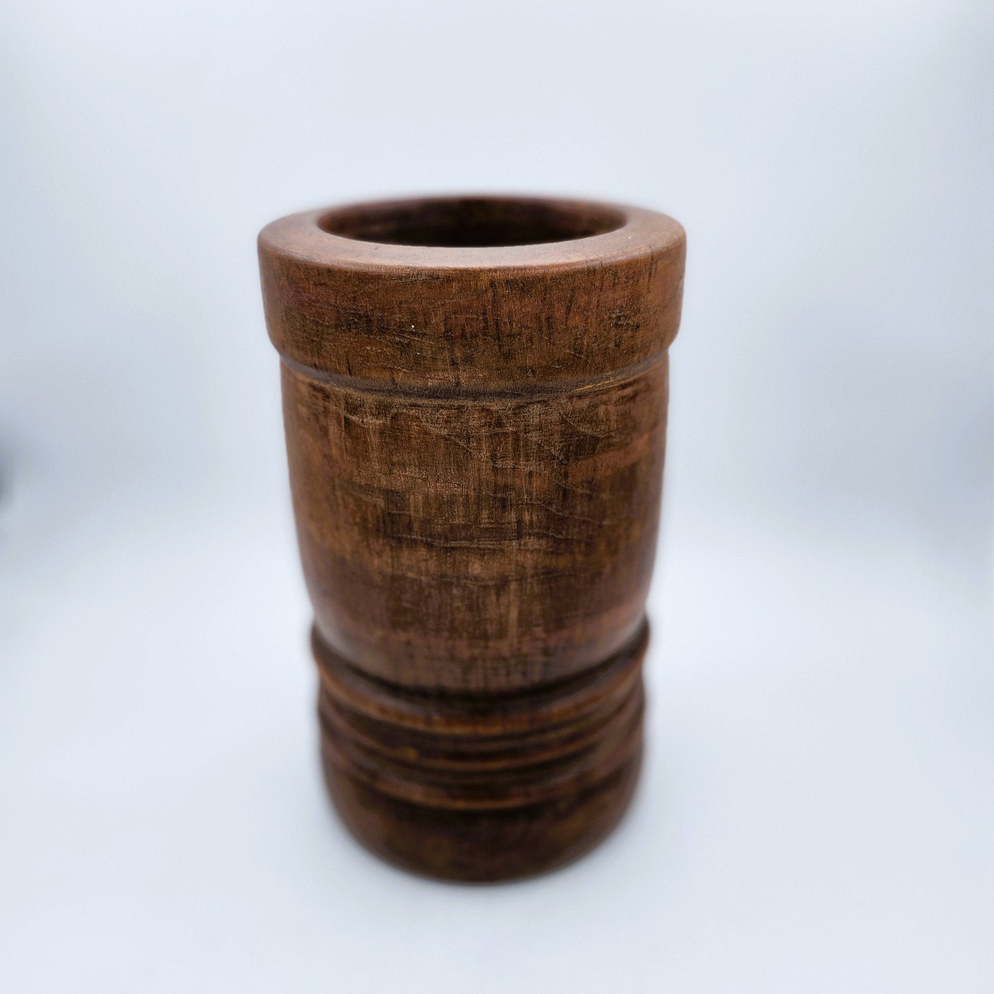 Vintage wooden pot in wax finish, 15cm diameter x 24cm high, candle or utensil holder